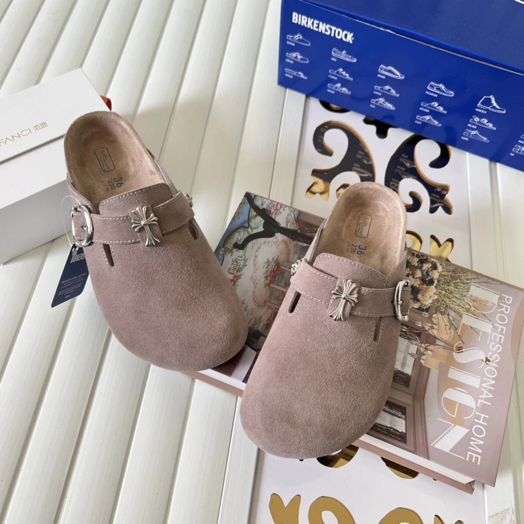 Suede Cross Buckle Closed Toe Clogs Nude Taupe - Gallery Image 3 - Detailed View