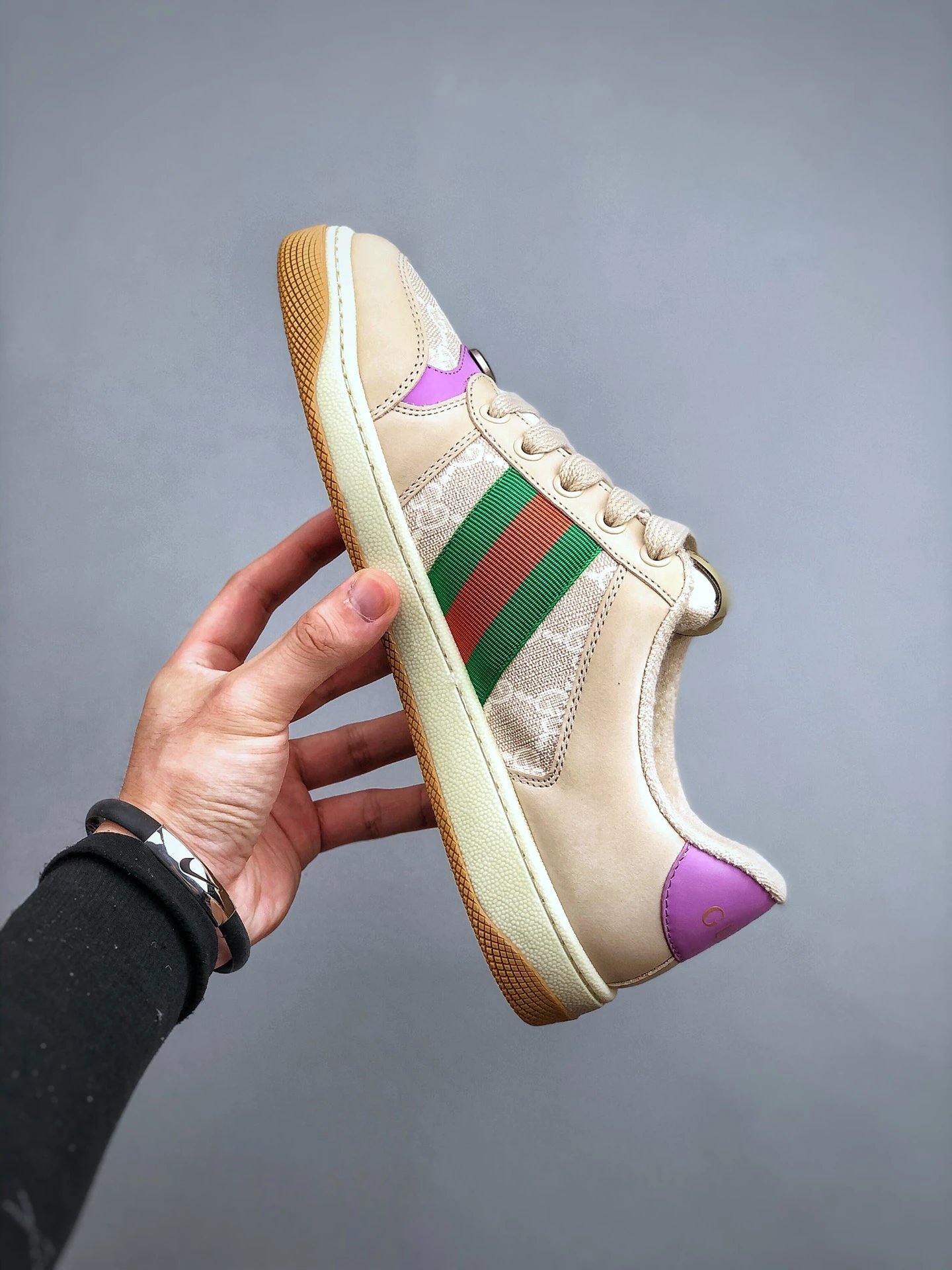 Gucci Distressed Screener Beige Pink Sneakers Green Red - Gallery Image 2 - Detailed View
