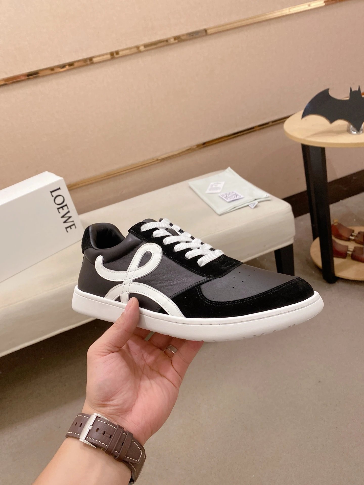 Loewe Black Leather Sneakers White Accent - Gallery Image 4 - Detailed View