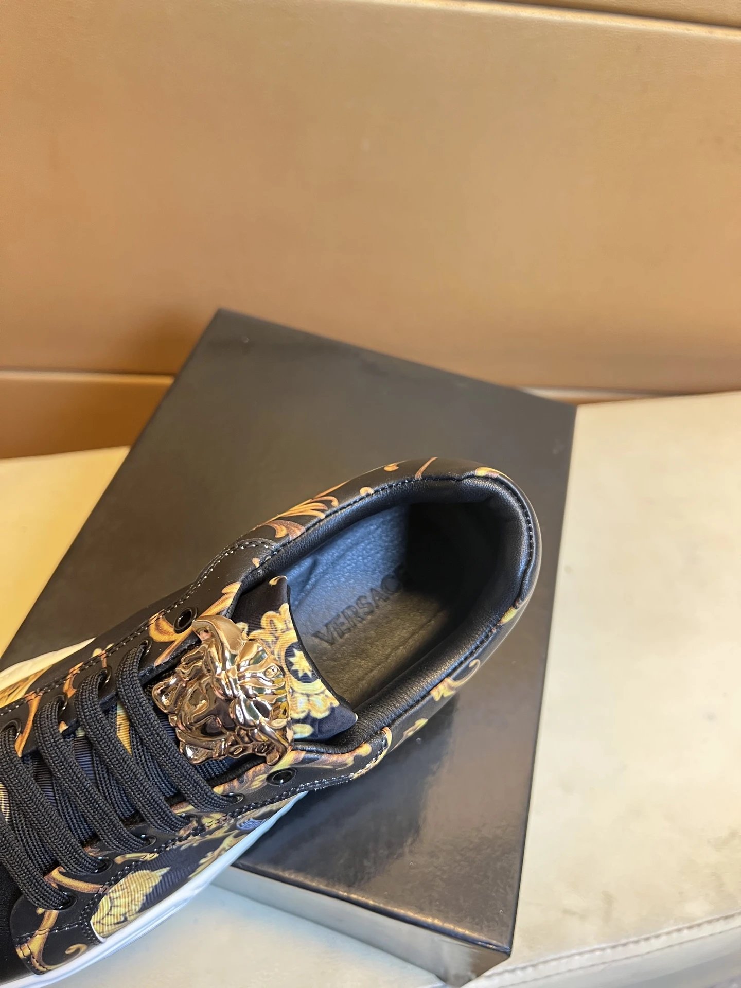 Baroque Leather Low Top Sneakers with Gold Black - Gallery Image 5 - Detailed View