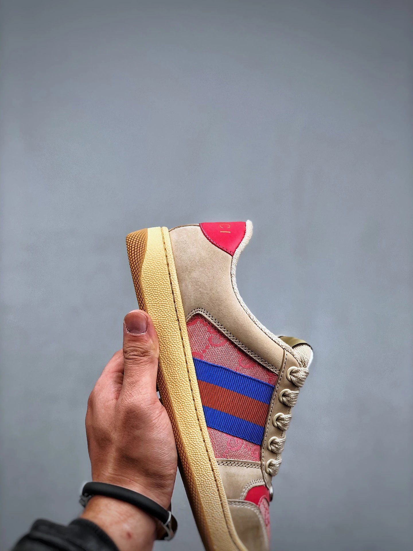 Gucci Distressed Screener Beige Pink Sneakers Blue Red - Gallery Image 6 - Detailed View