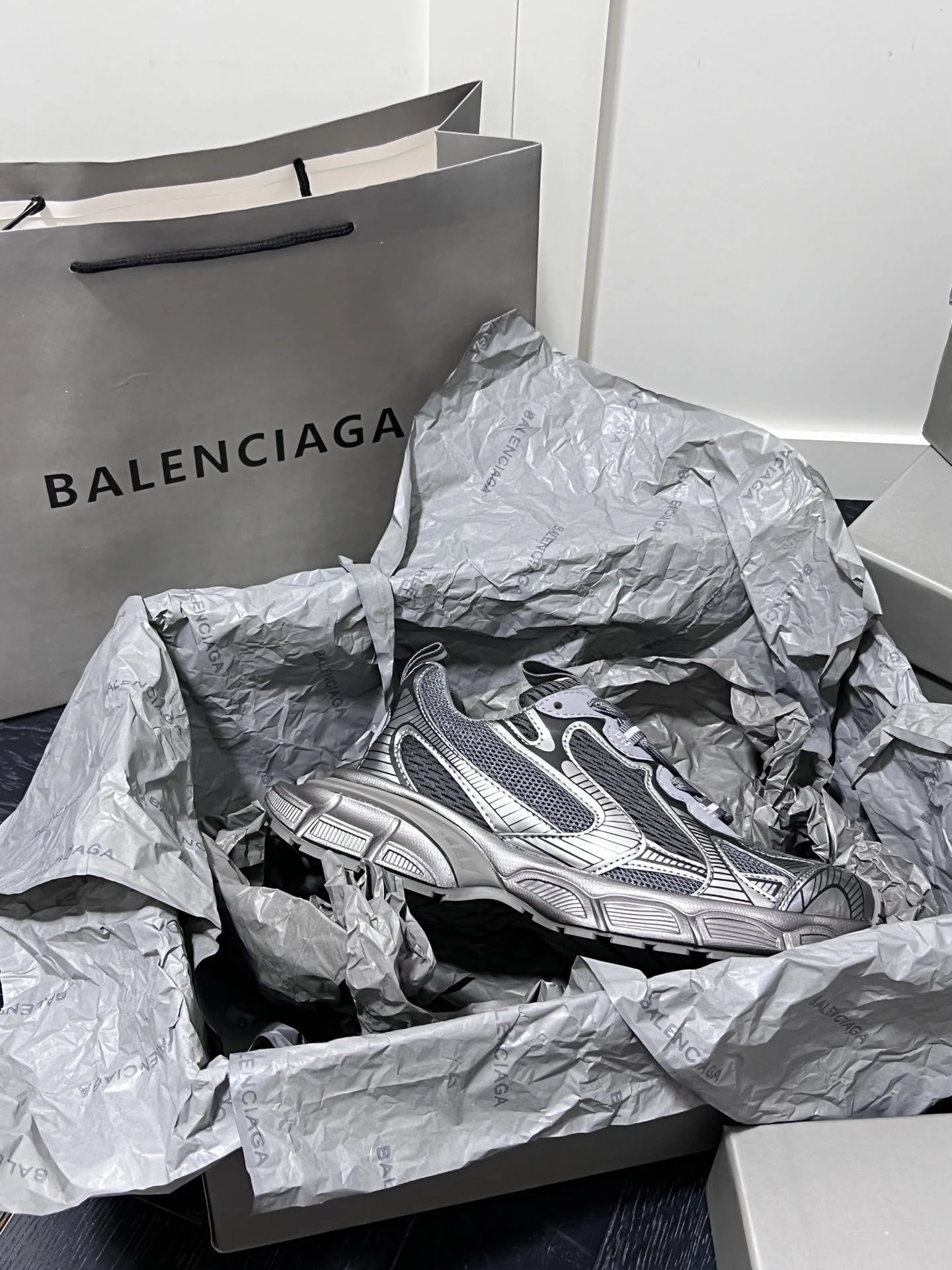 Retro Chunky Dad Sneakers Mesh Leather Sole Pewter Grey - Gallery Image 8 - Detailed View