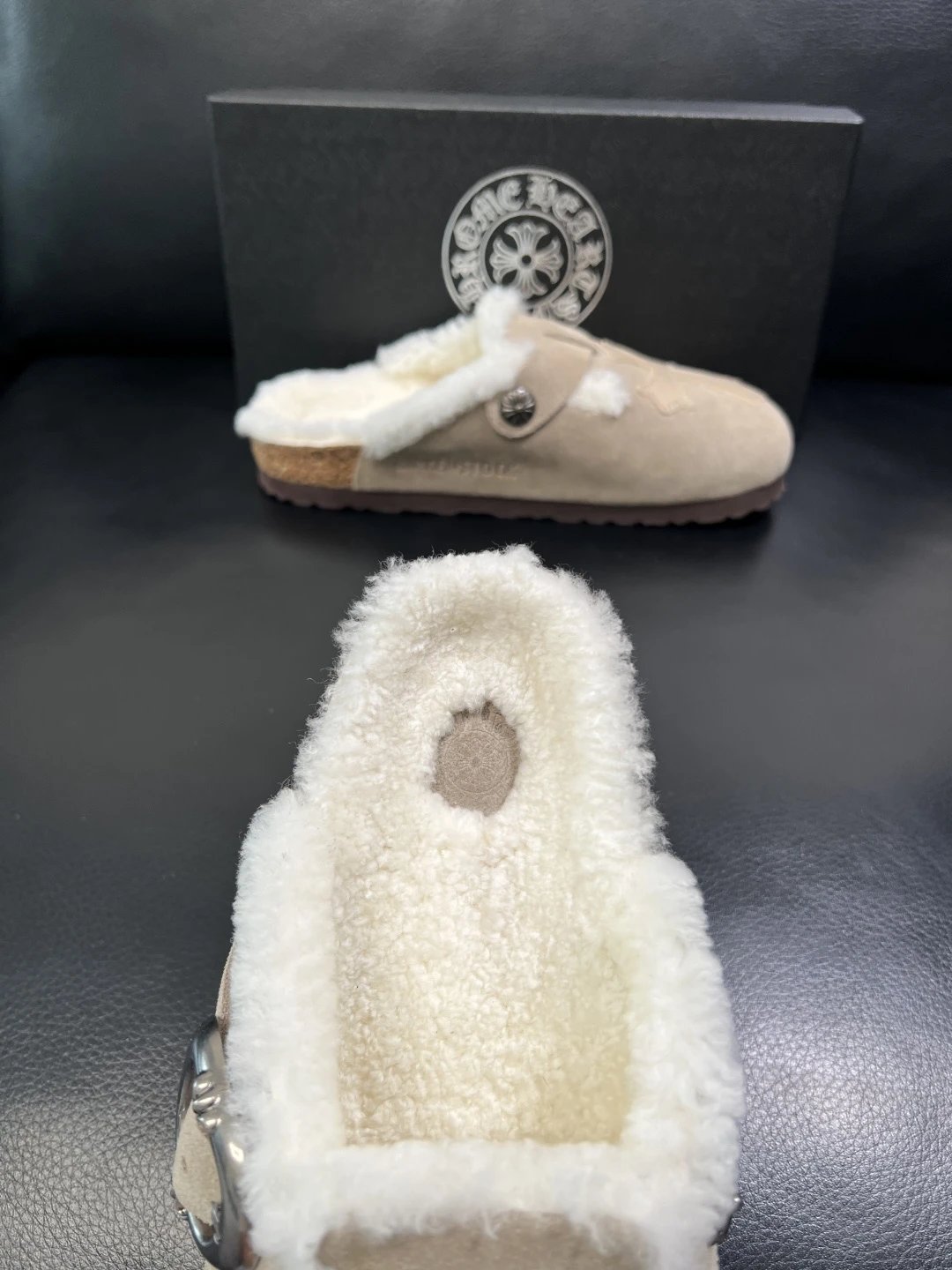 Suede Shearling Buckle Mules Beige - Gallery Image 7 - Detailed View