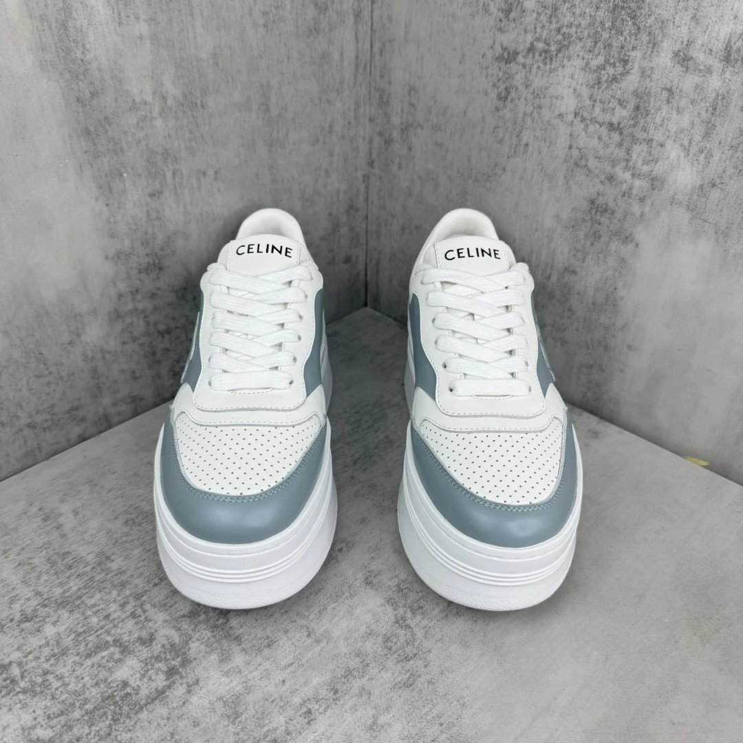 Platform Leather Sneakers Low Top Breathable White Blue - Gallery Image 4 - Detailed View