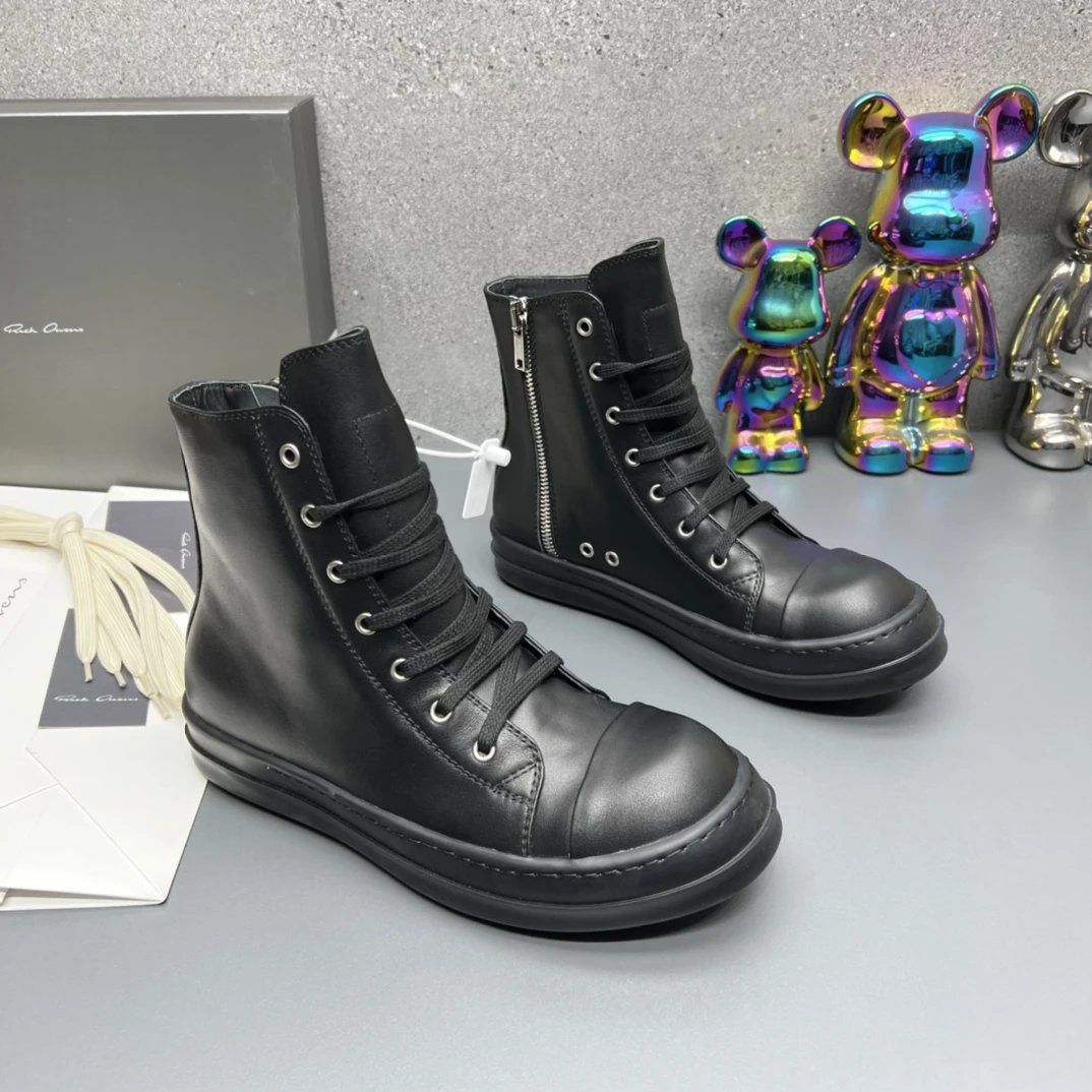 Rick Owens Leather High-Top Sneakers Black - Gallery Image 3 - Detailed View