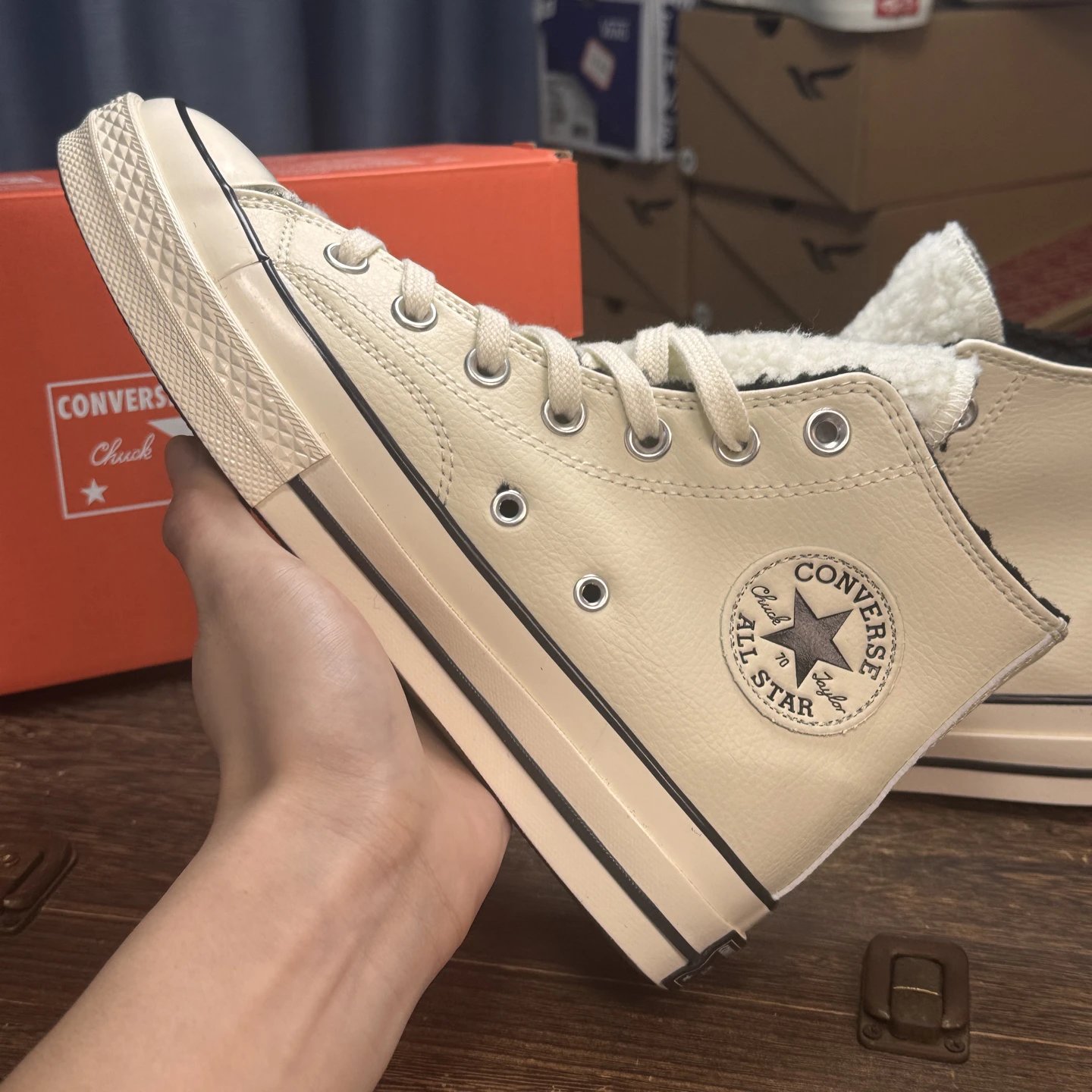 High Top Leather Sneakers Winter Cream - Gallery Image 7 - Detailed View