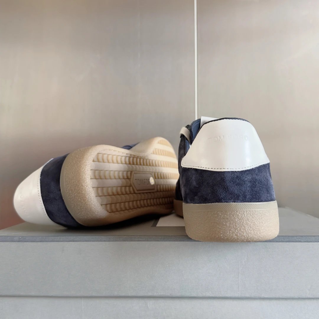 Suede German Trainer Sneakers Ivory Navy - Gallery Image 9 - Detailed View