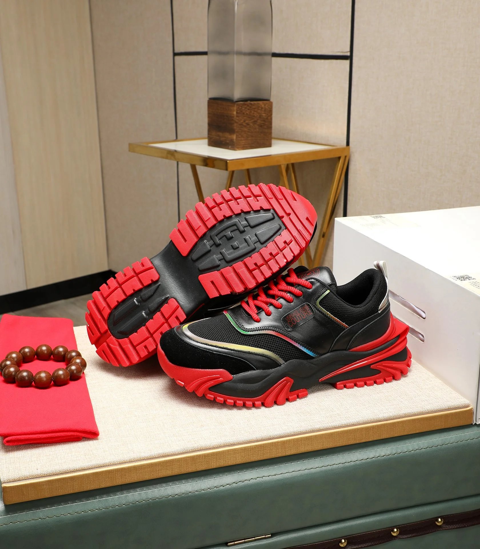 Chunky Calfskin Mesh Sneakers Crimson Black - Gallery Image 5 - Detailed View