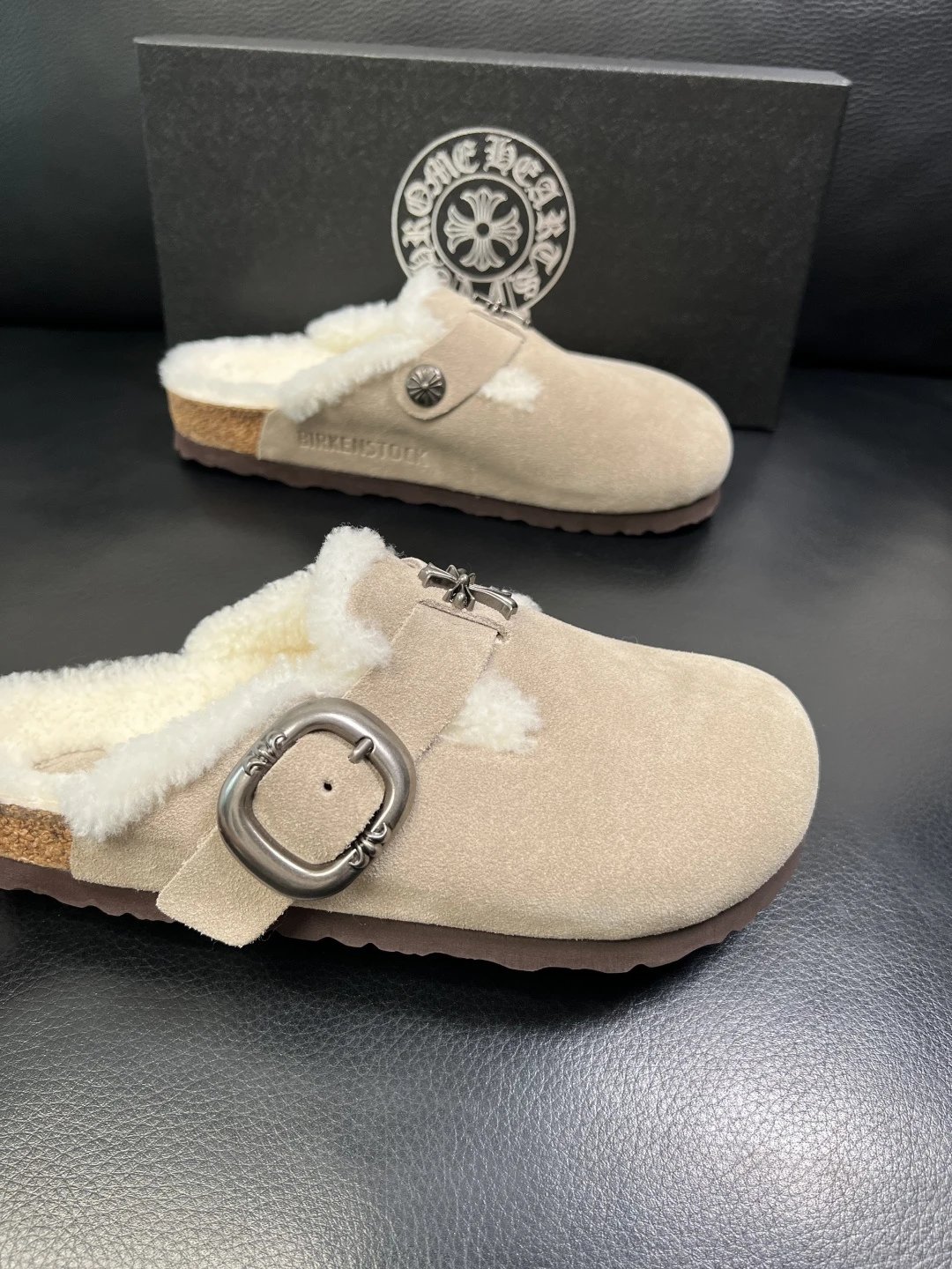 Luxury Suede Shearling Clog Taupe - Gallery Image 6 - Detailed View