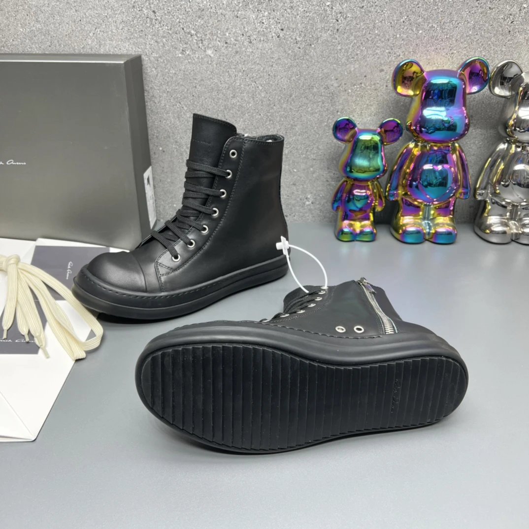 Rick Owens Leather High-Top Sneakers Black - Gallery Image 9 - Detailed View