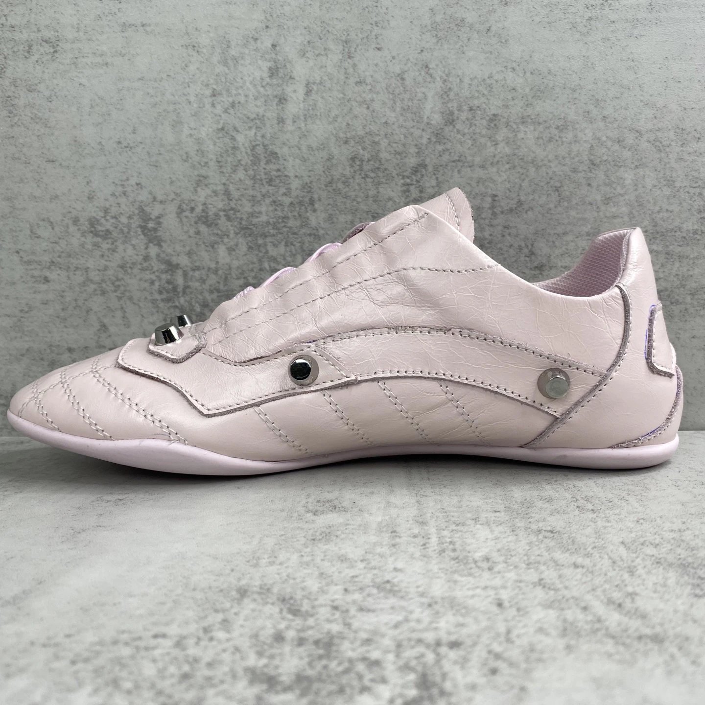 Punk Leather Lace Up Flat Shoes with Metal Studs Blush Pink - Gallery Image 7 - Detailed View