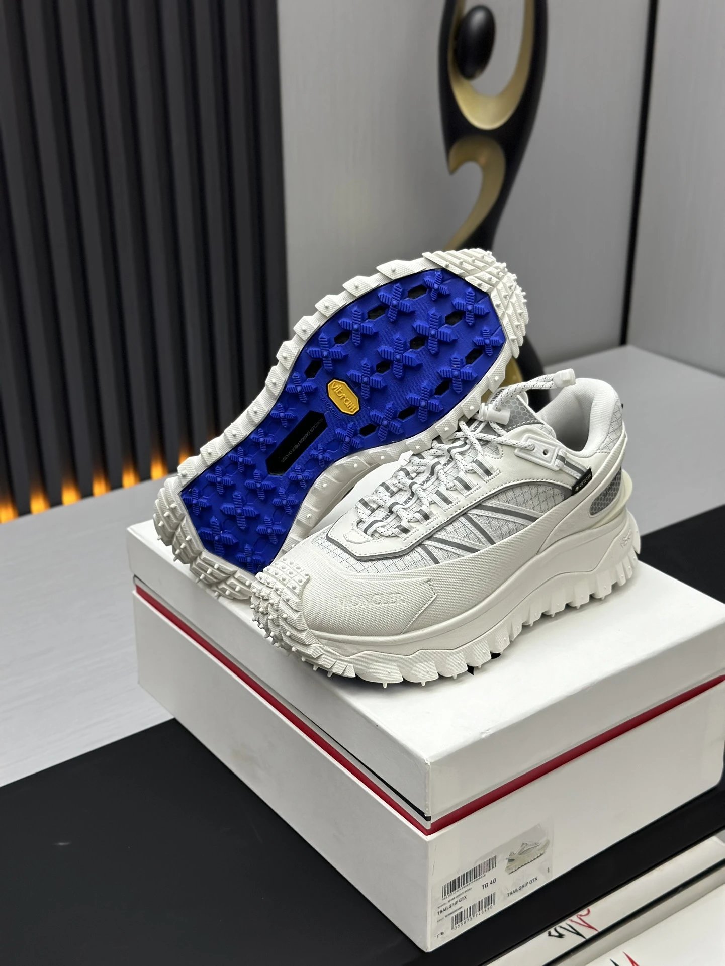 Moncler Trailgrip GTX White Sneakers Grey Stripes - Gallery Image 7 - Detailed View