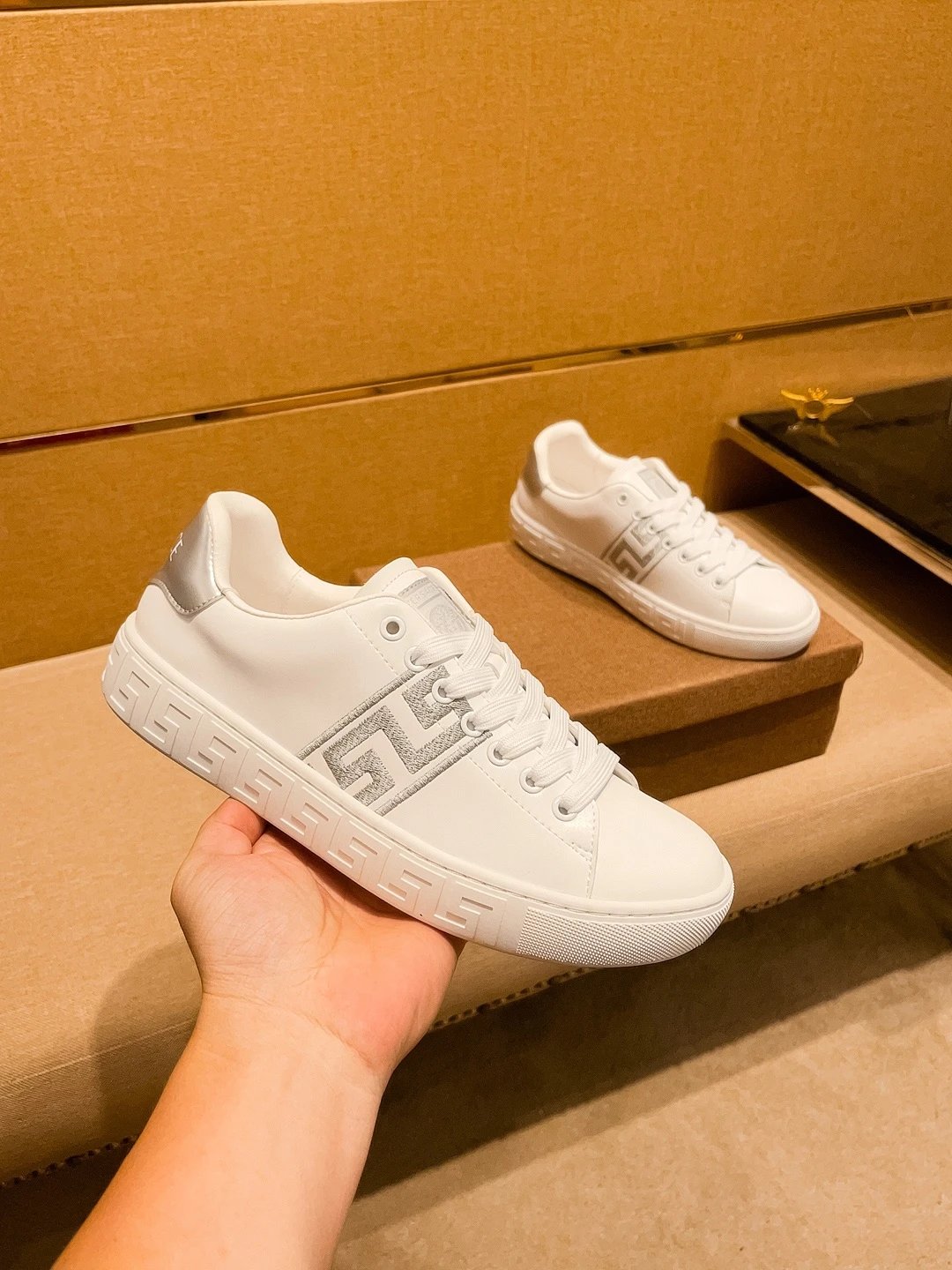 Luxury Leather Sneakers Greek Pattern Snow White - Gallery Image 3 - Detailed View