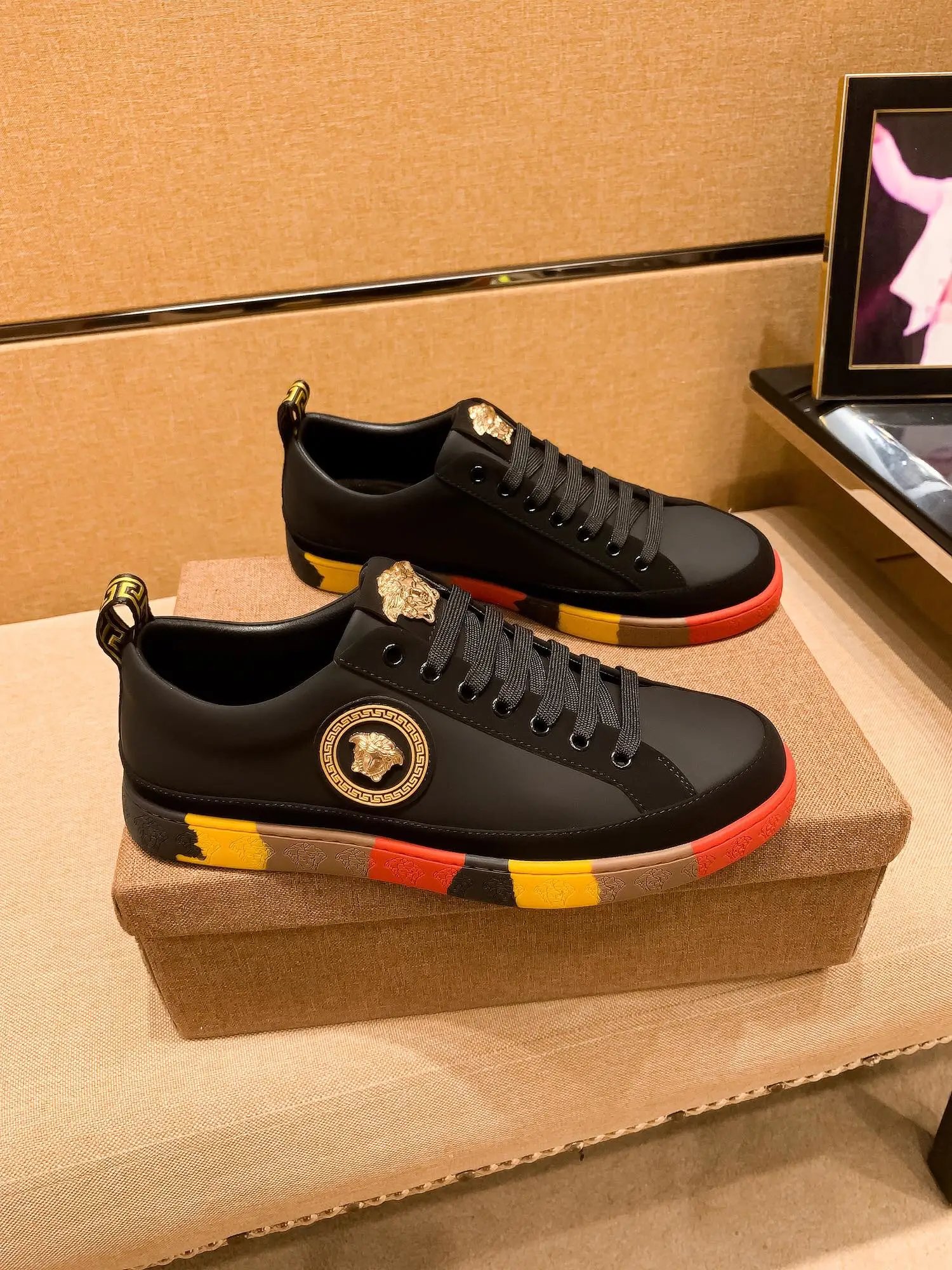 Luxury Leather Sneakers Colorblock Trim Ebony - Gallery Image 1 - Detailed View