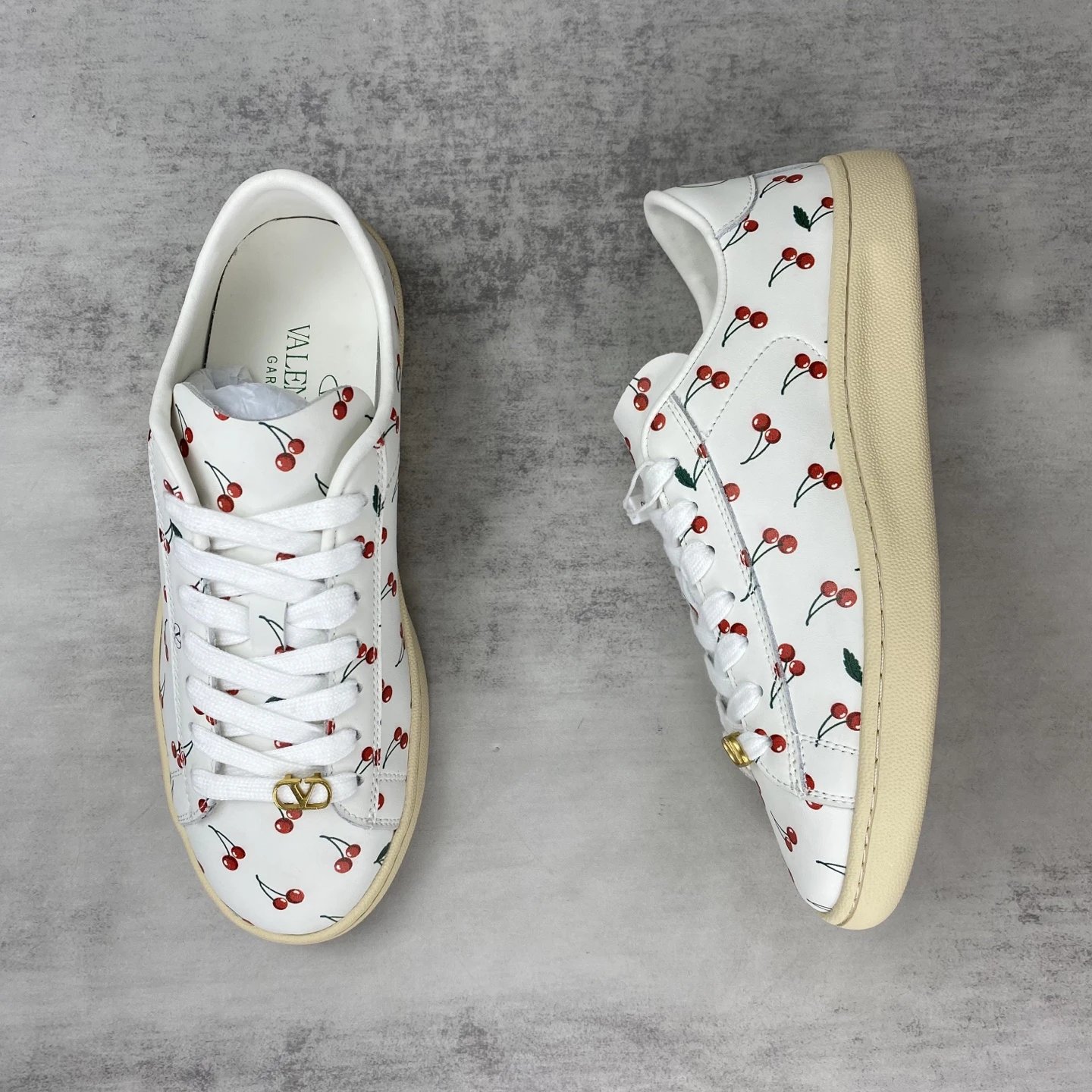 Cherry Print Leather Low Top Sneakers Ivory - Gallery Image 3 - Detailed View