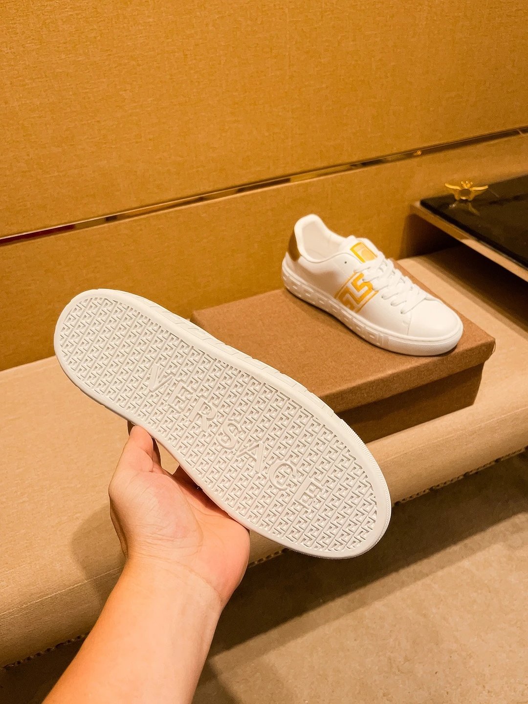 Luxury Leather Sneakers Greek Pattern White Gold - Gallery Image 8 - Detailed View