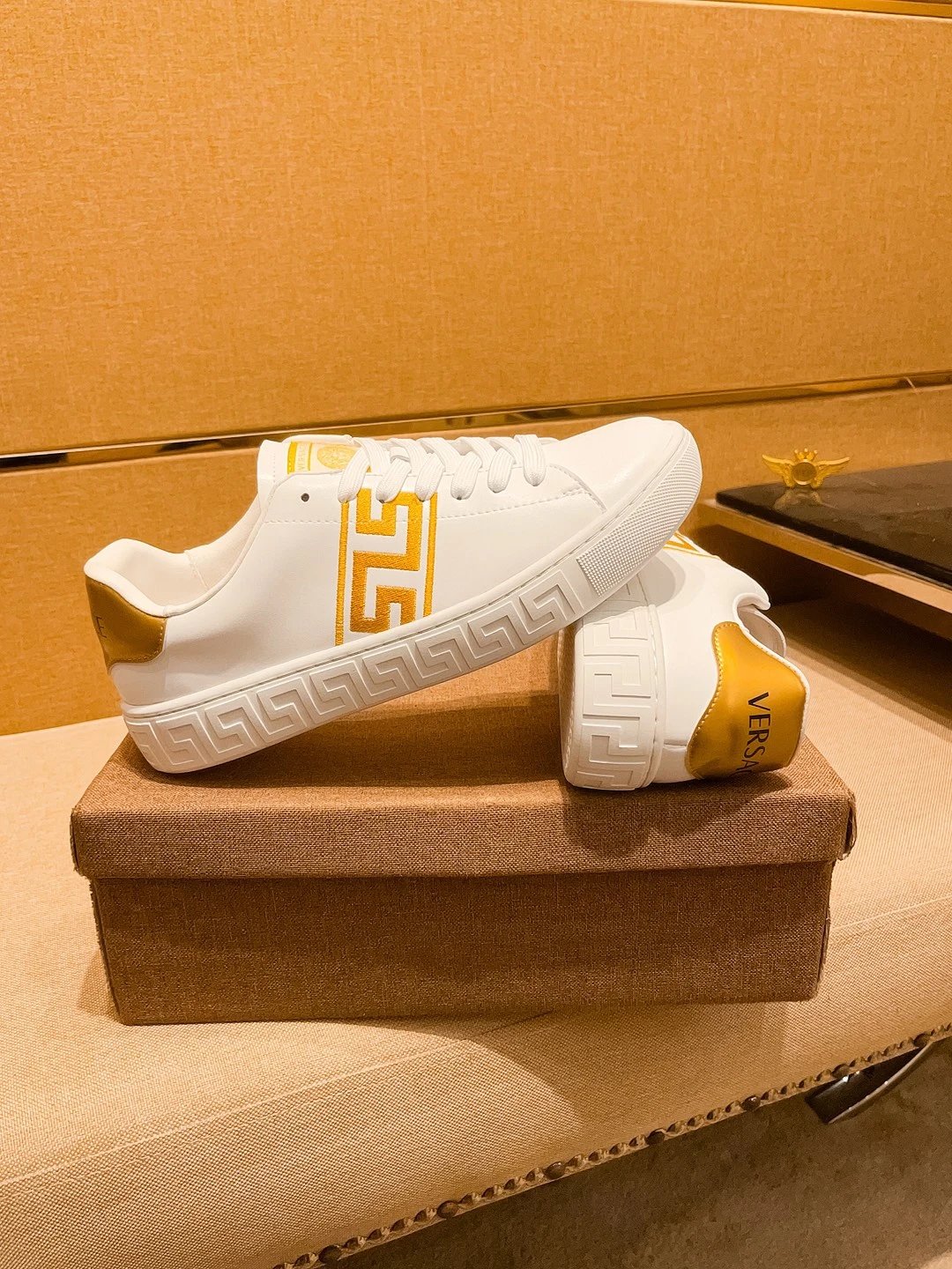 Luxury Leather Sneakers Greek Pattern White Gold - Gallery Image 2 - Detailed View