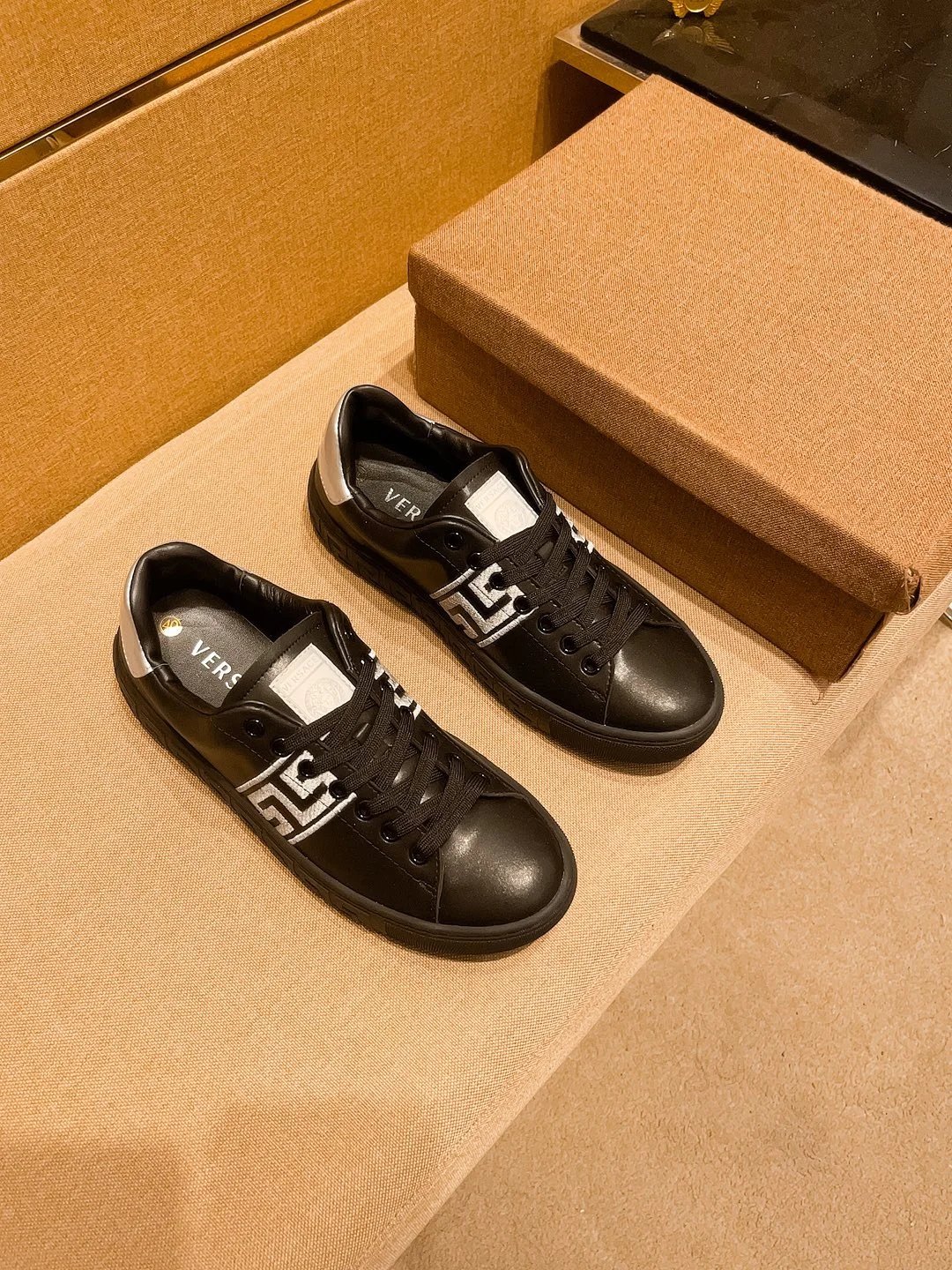 Luxury Leather Sneakers Greek Key Black Silver - Gallery Image 5 - Detailed View