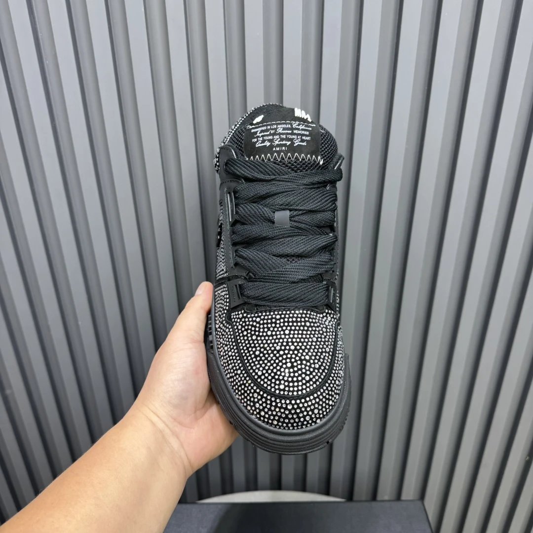 Luxury Low Top Rhinestone Leather Sneakers Charcoal Black - Gallery Image 4 - Detailed View