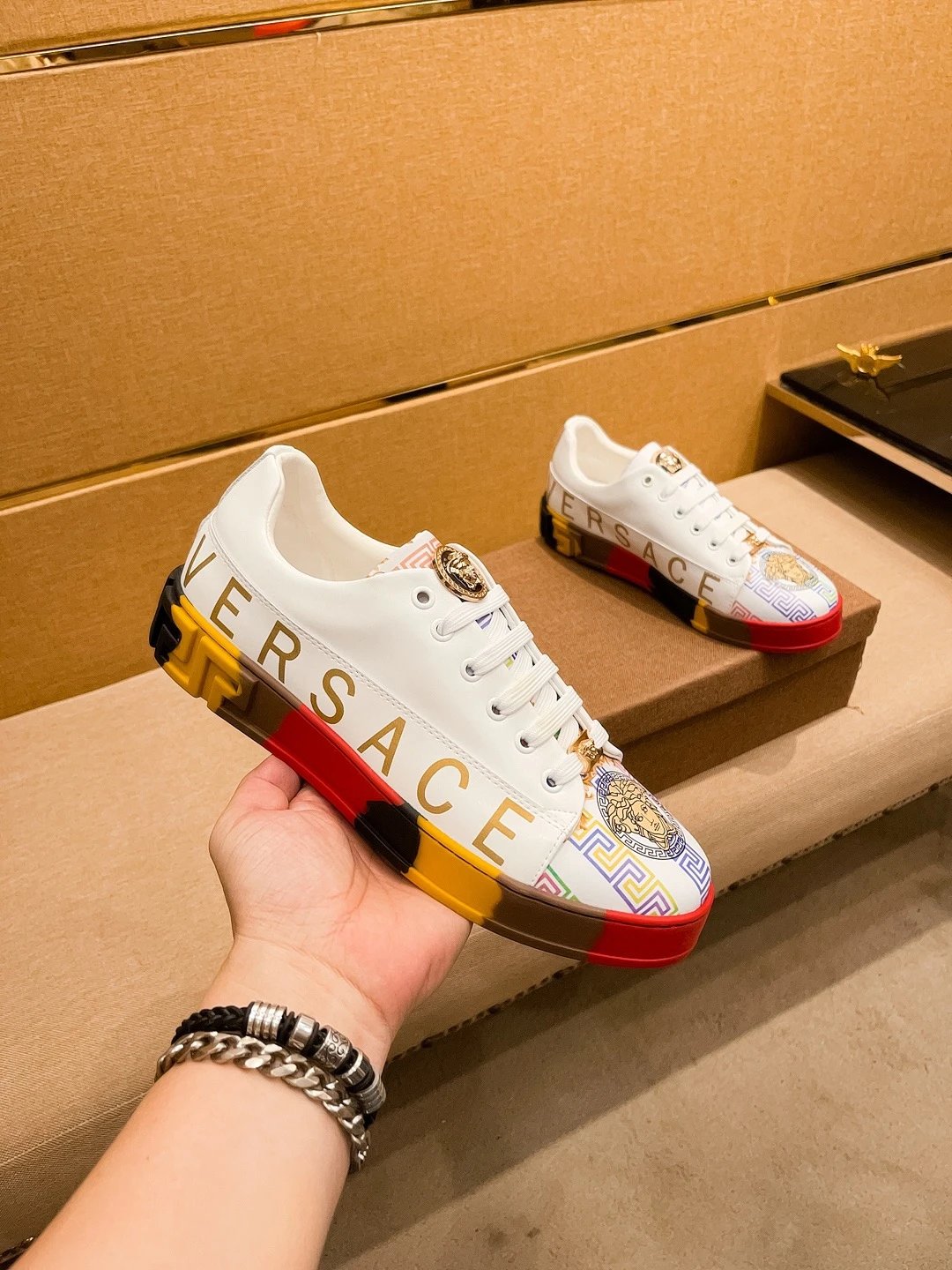 Luxury Leather Sneakers Multicolor Trim - Gallery Image 3 - Detailed View