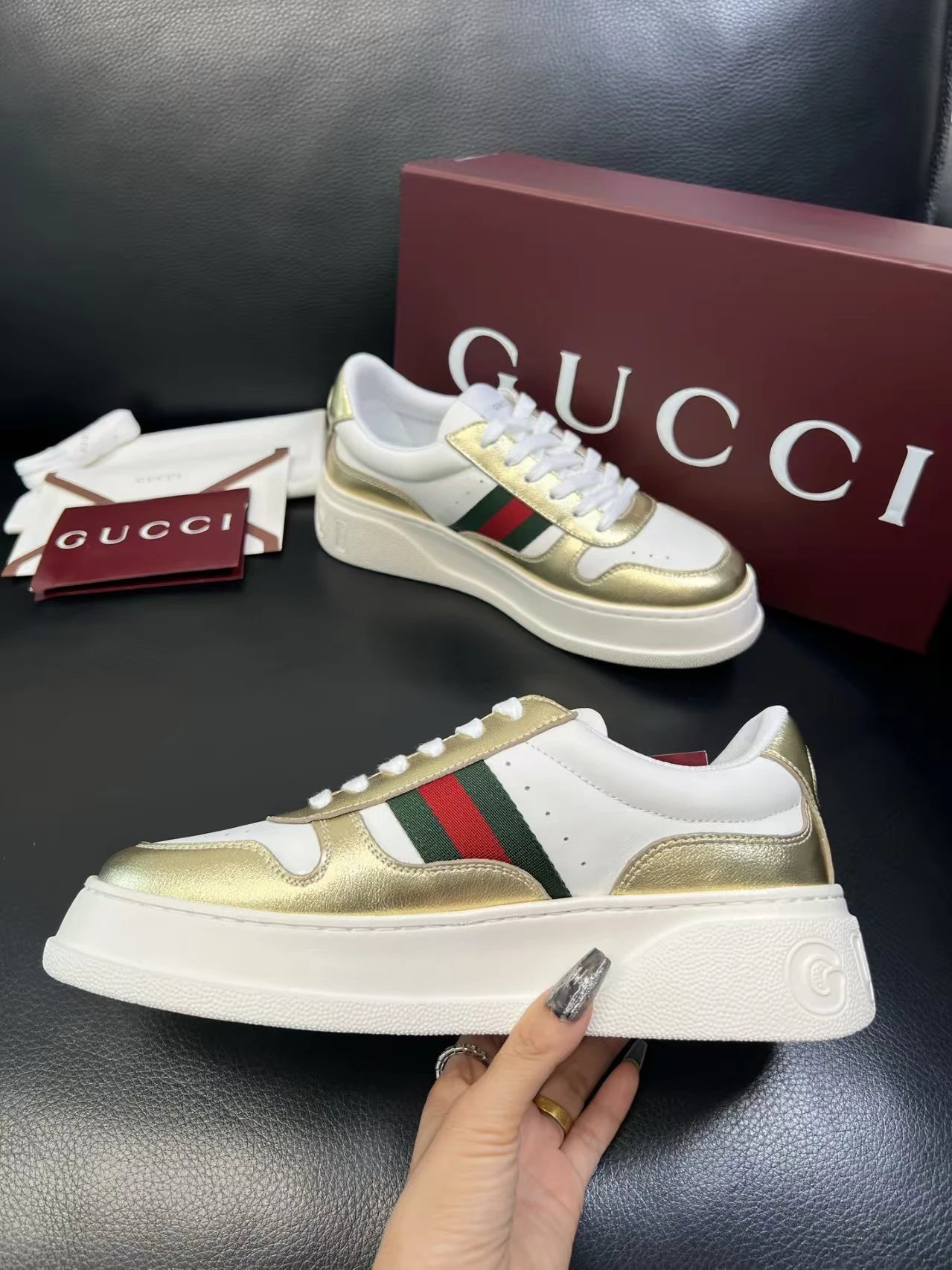 Gucci Men's Platform Sneakers Gold White - Gallery Image 5 - Detailed View