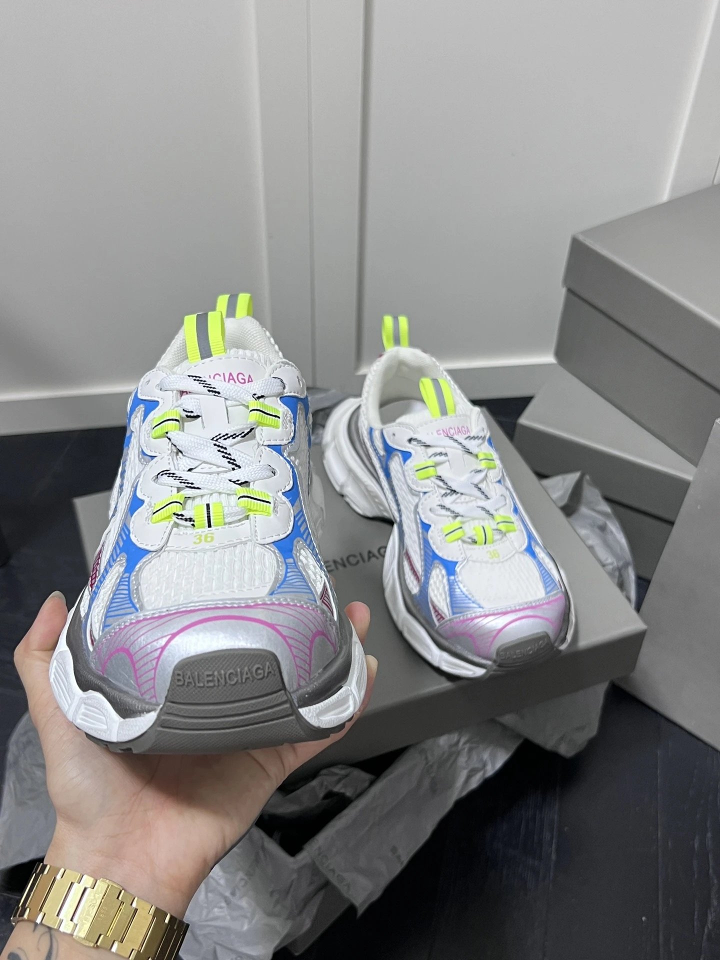 Retro Chunky Dad Sneakers Mesh Leather Neon White - Gallery Image 3 - Detailed View