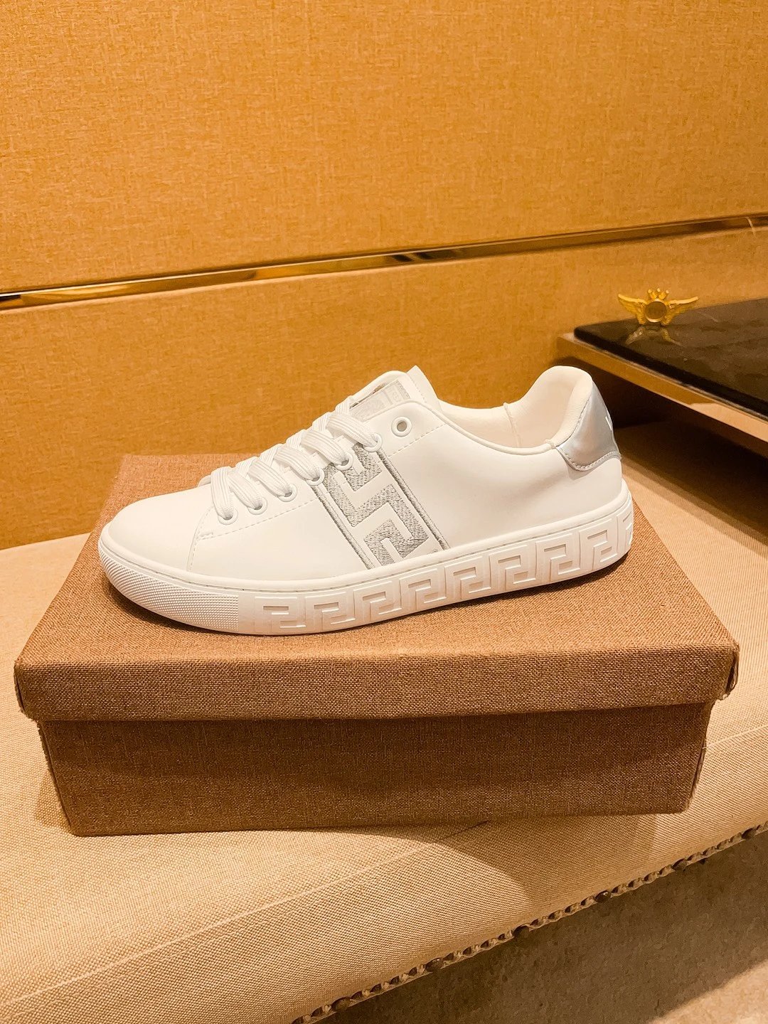 Luxury Leather Sneakers Greek Pattern Snow White - Gallery Image 6 - Detailed View