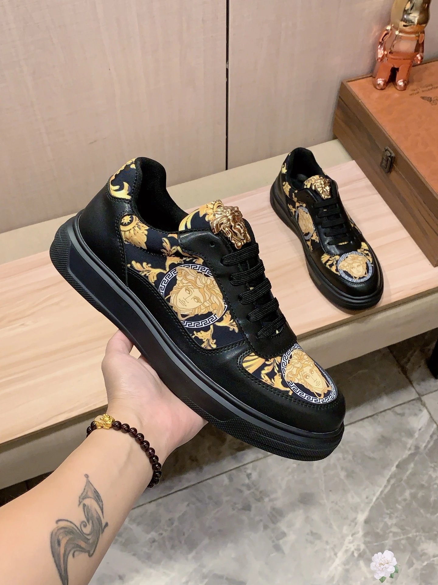 Baroque Leather Low Top Sneakers Black Gold - Gallery Image 8 - Detailed View