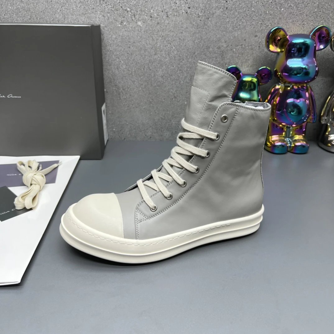 Rick Owens Leather High-Top Sneakers Grey - Gallery Image 6 - Detailed View