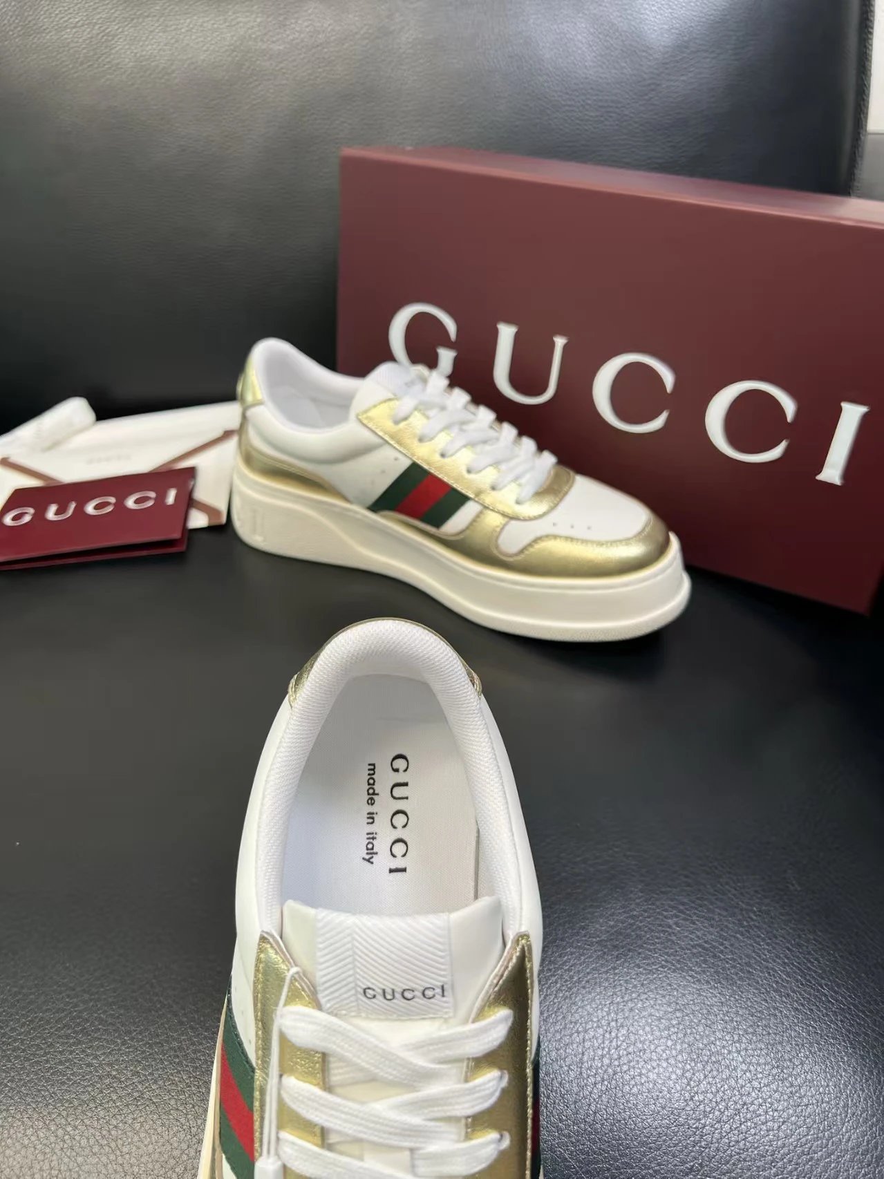 Gucci Men's Platform Sneakers Gold White - Gallery Image 8 - Detailed View