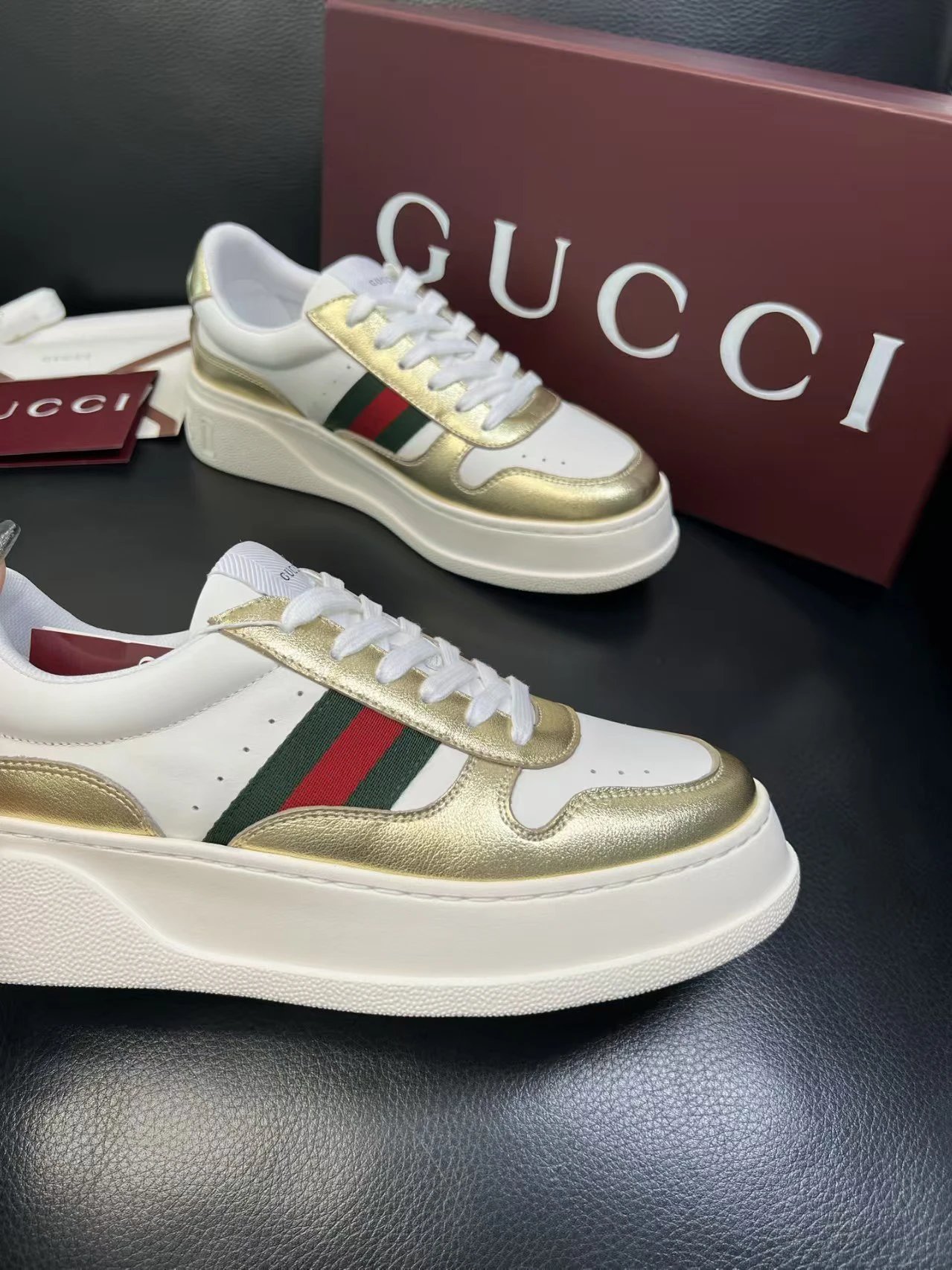 Gucci Men's Platform Sneakers Gold White - Gallery Image 9 - Detailed View