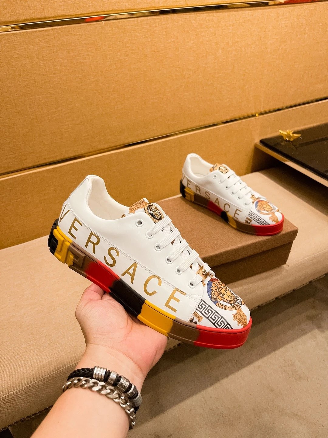 Luxury Leather Low Top Sneakers Multicolor Trim - Gallery Image 3 - Detailed View