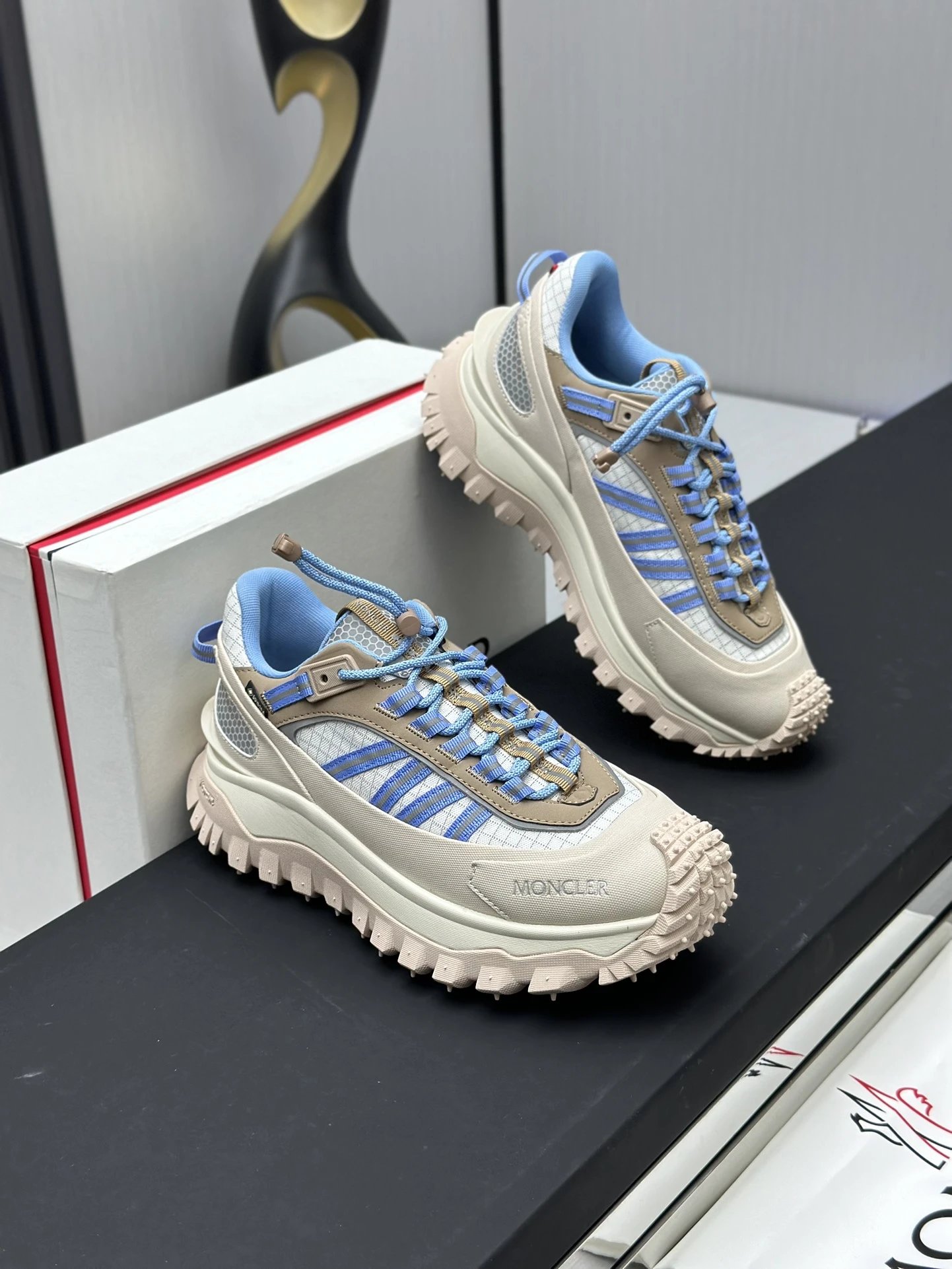 Moncler Trailgrip GTX Beige Sneakers Blue Stripes - Gallery Image 4 - Detailed View