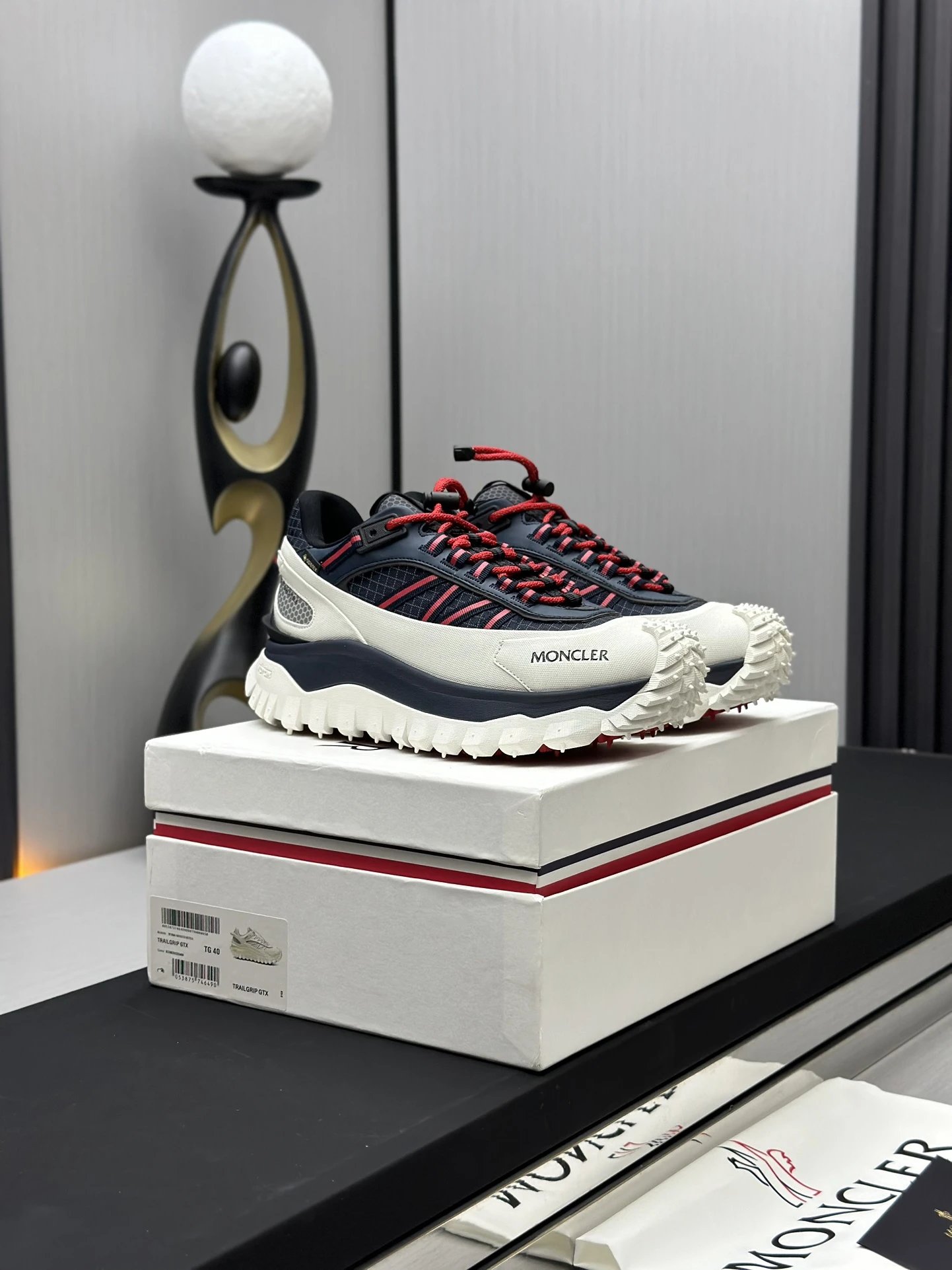 Moncler Trailgrip GTX Black Sneakers Red Stripes - Gallery Image 3 - Detailed View