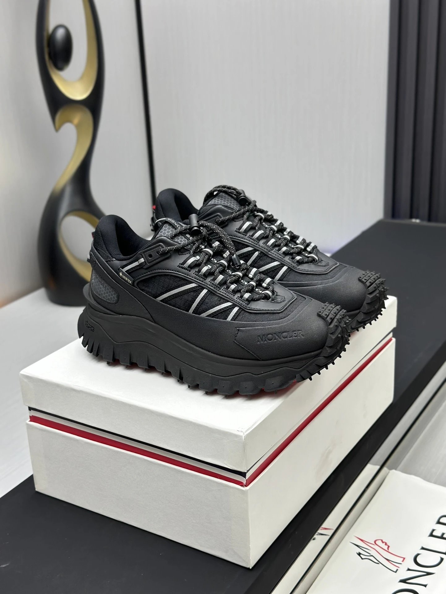 Moncler Trailgrip GTX Black Sneakers White Stripes - Gallery Image 3 - Detailed View