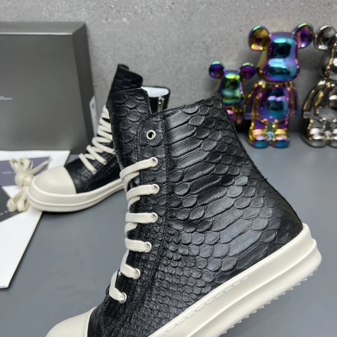 Rick Owens High-Top Embossed Leather Sneakers Black - Gallery Image 5 - Detailed View
