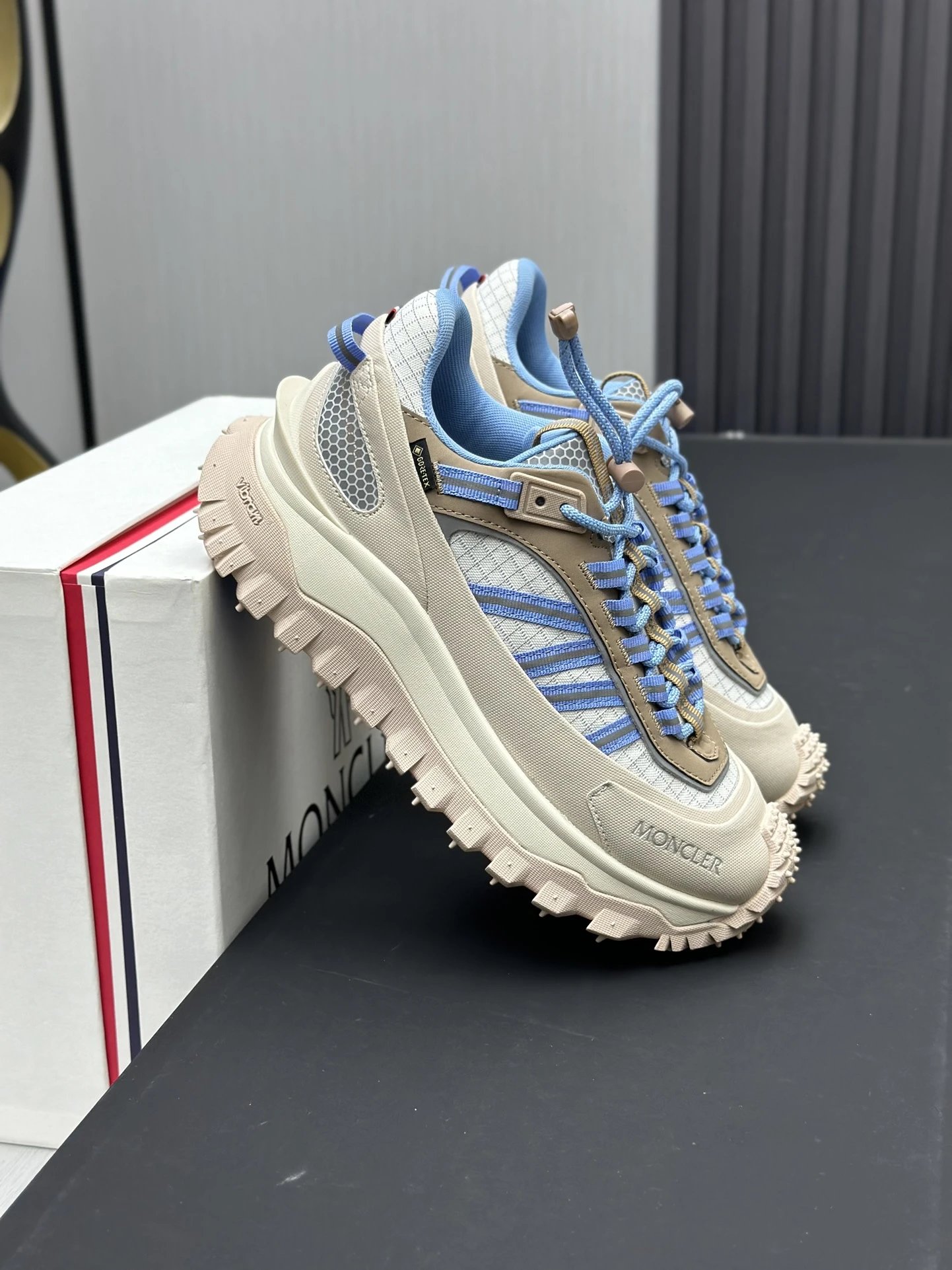 Moncler Trailgrip GTX Beige Sneakers Blue Stripes - Gallery Image 5 - Detailed View