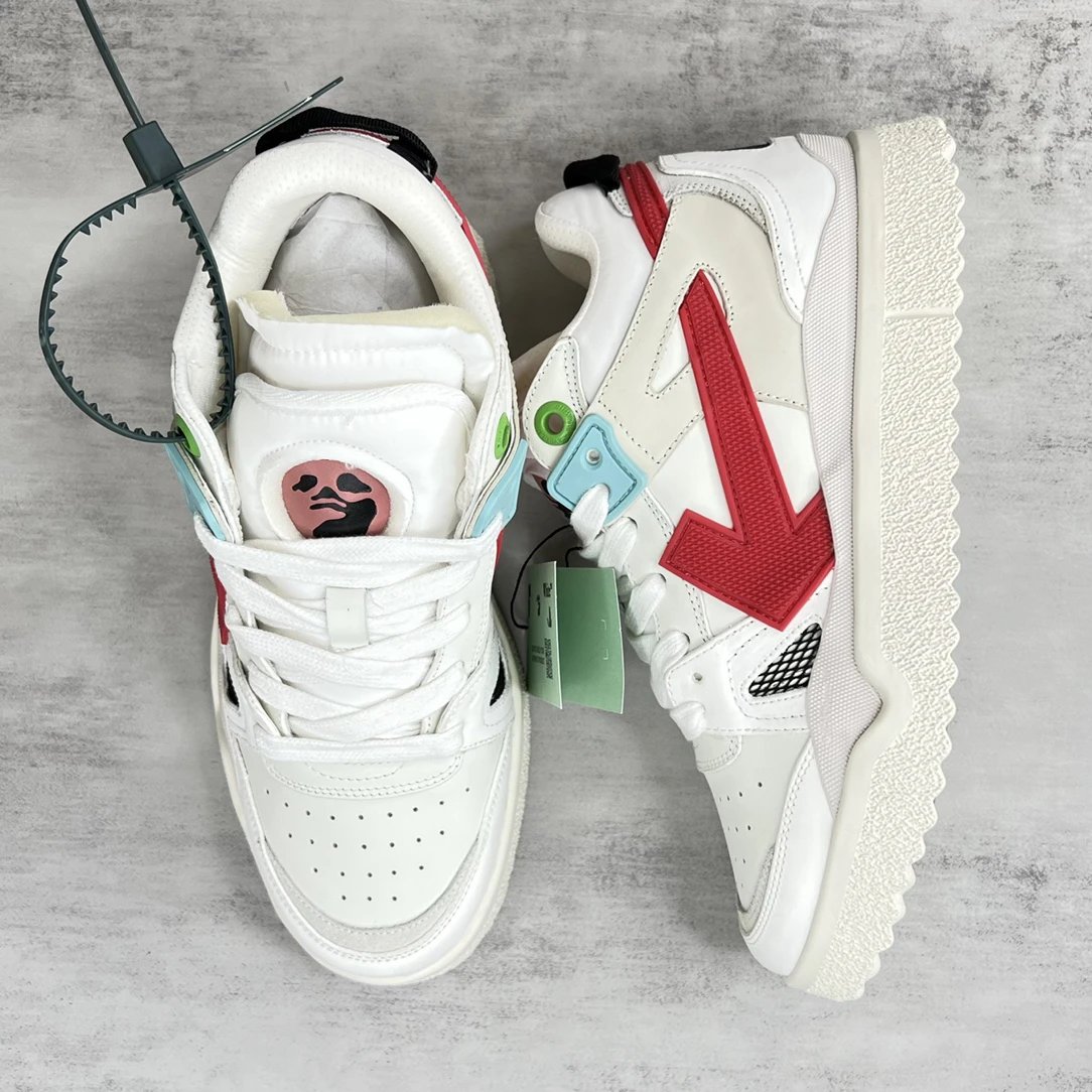 Retro Arrow Leather Mesh High Top Sneakers Ivory Red - Gallery Image 3 - Detailed View