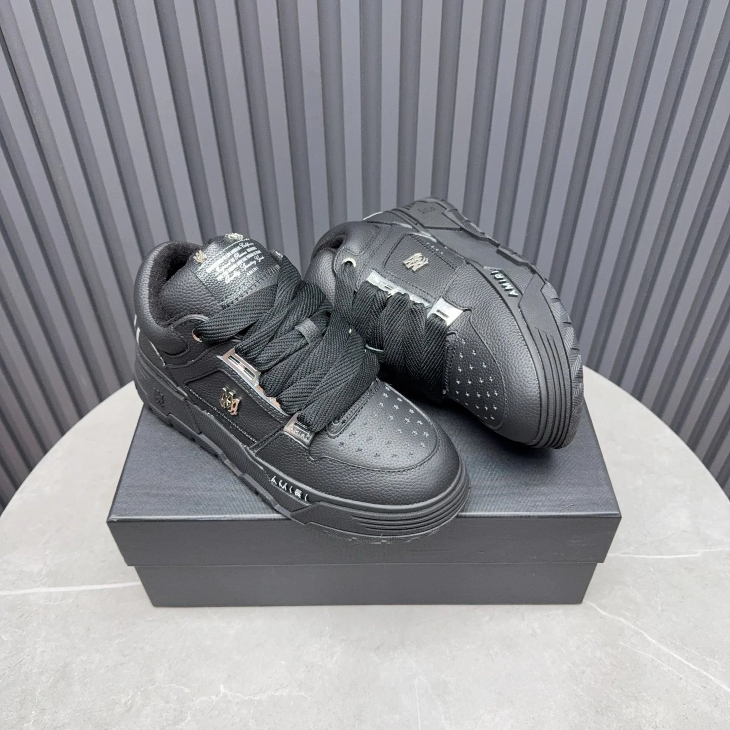 Luxury Low Top Leather Skate Sneakers Charcoal Black - Gallery Image 5 - Detailed View