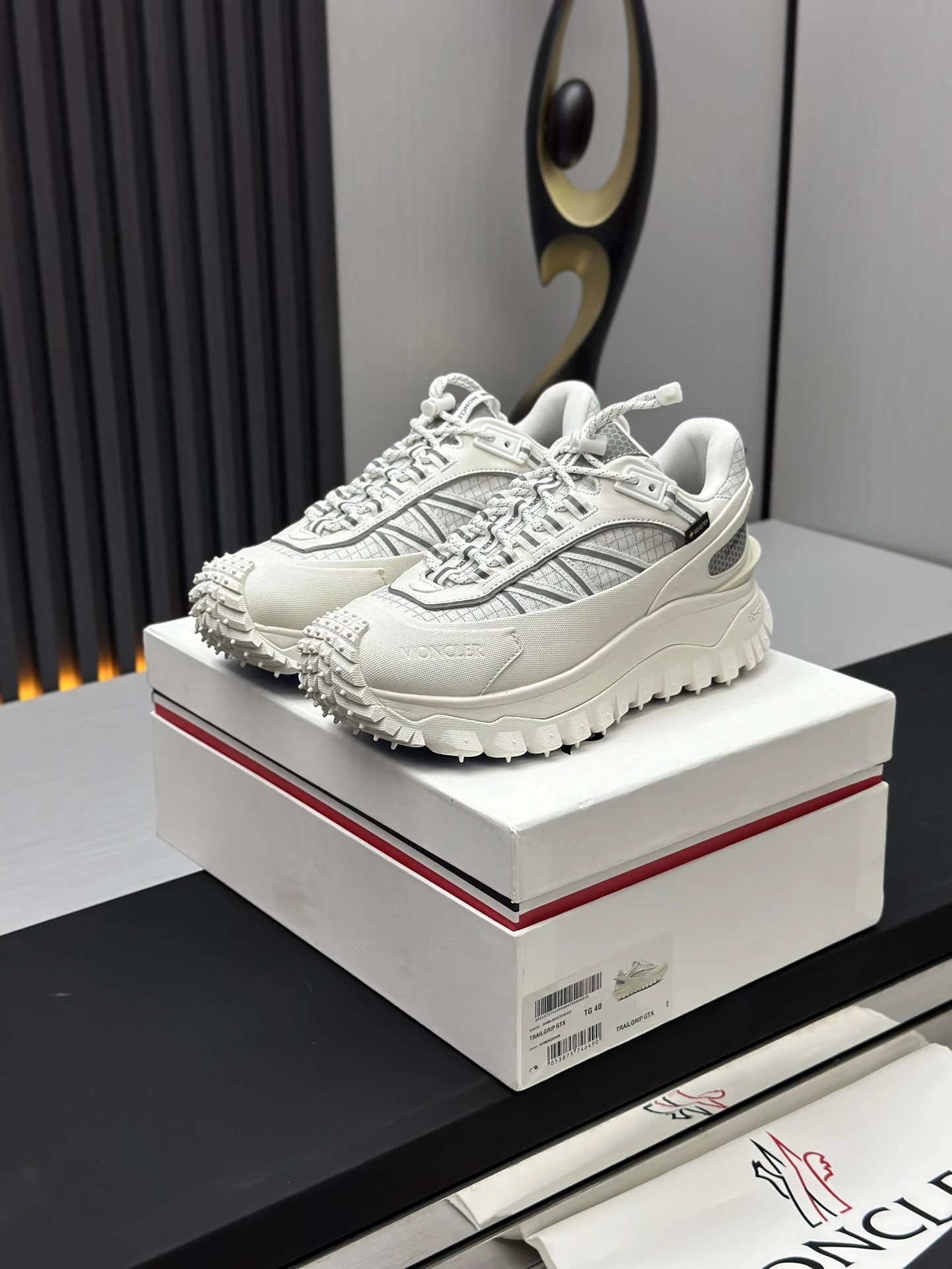 Moncler Trailgrip GTX White Sneakers Grey Stripes - Gallery Image 2 - Detailed View