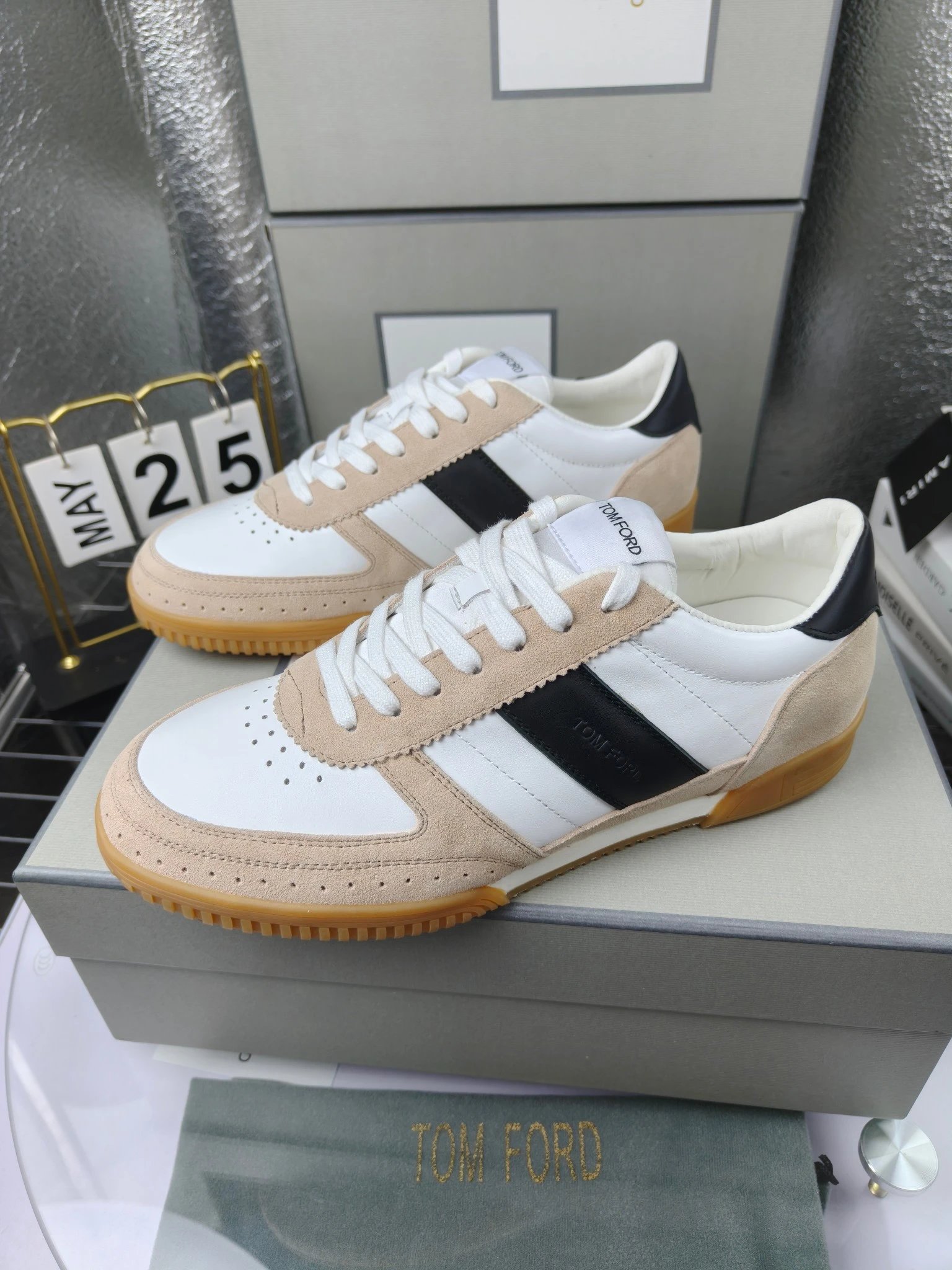 Retro Suede Leather Sneakers Ivory Black - Gallery Image 2 - Detailed View