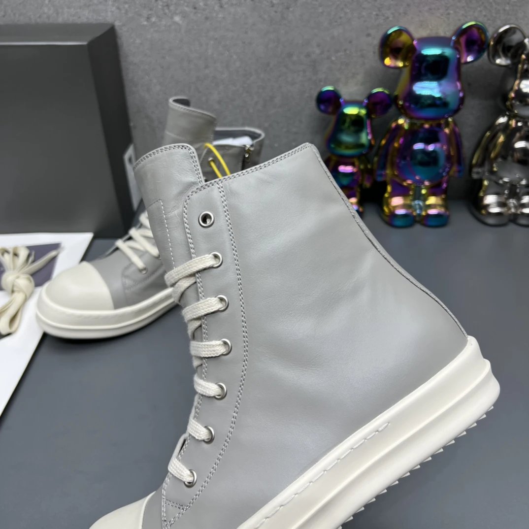 Rick Owens Leather High-Top Sneakers Grey - Gallery Image 5 - Detailed View