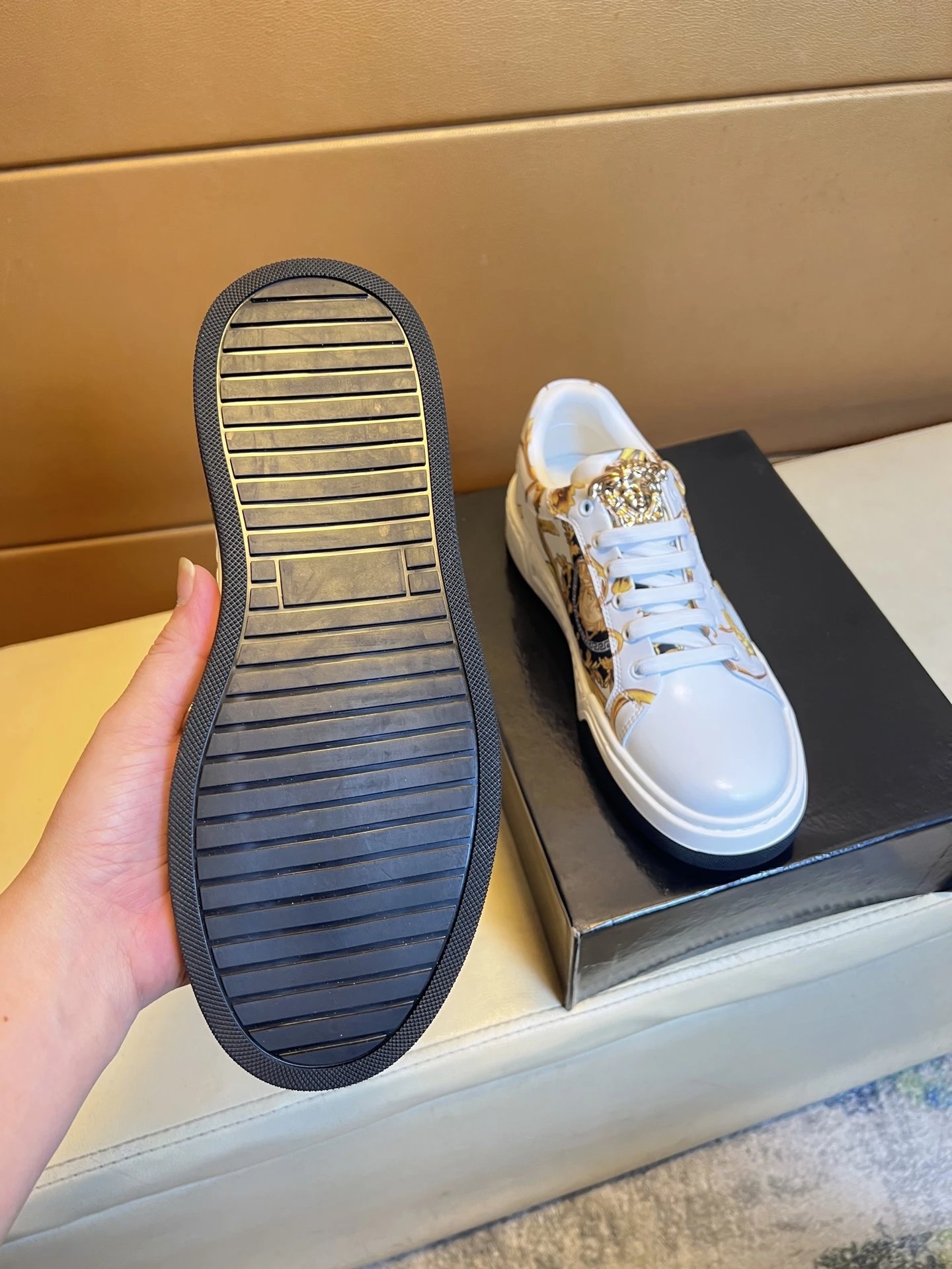 Luxury Baroque Leather Sneakers White Gold - Gallery Image 7 - Detailed View