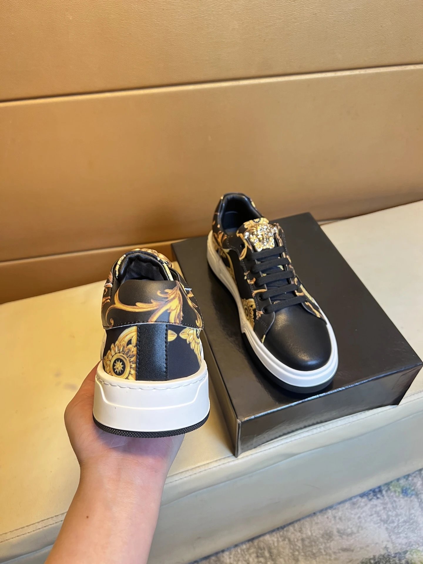 Baroque Leather Low Top Sneakers with Gold Black - Gallery Image 6 - Detailed View