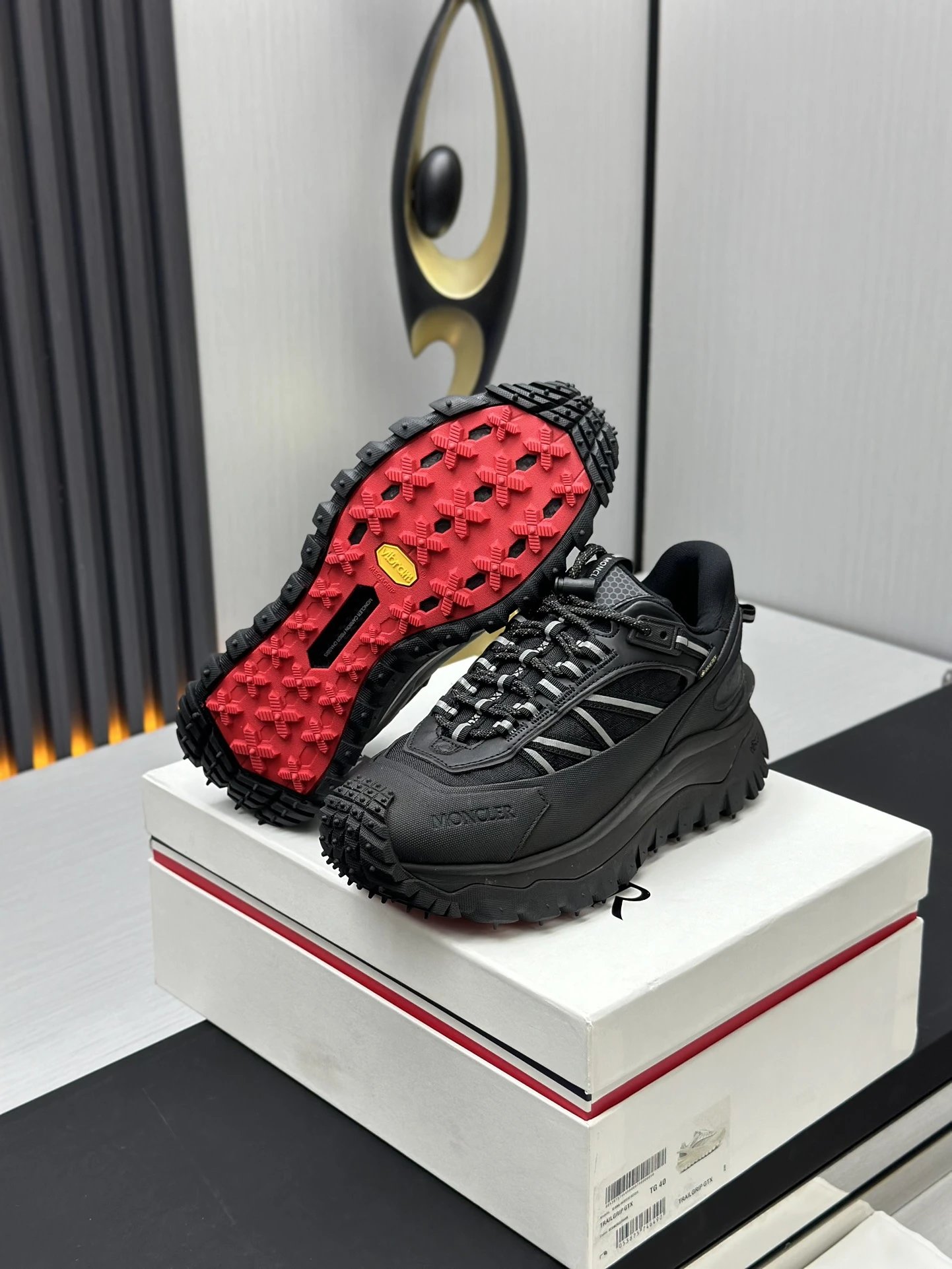 Moncler Trailgrip GTX Black Sneakers White Stripes - Gallery Image 7 - Detailed View