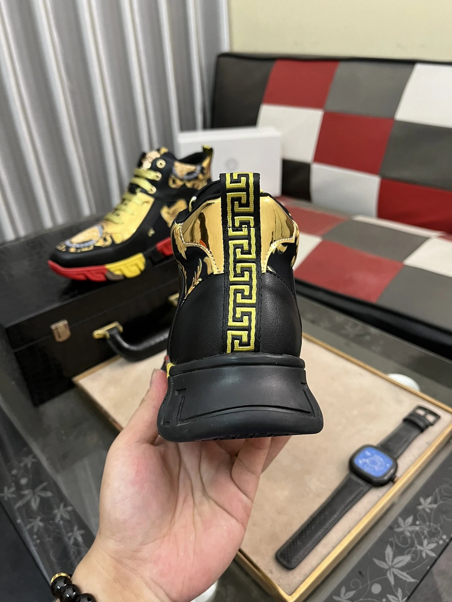 Luxury Leather Medusa Sneakers High Top Black Gold - Gallery Image 8 - Detailed View