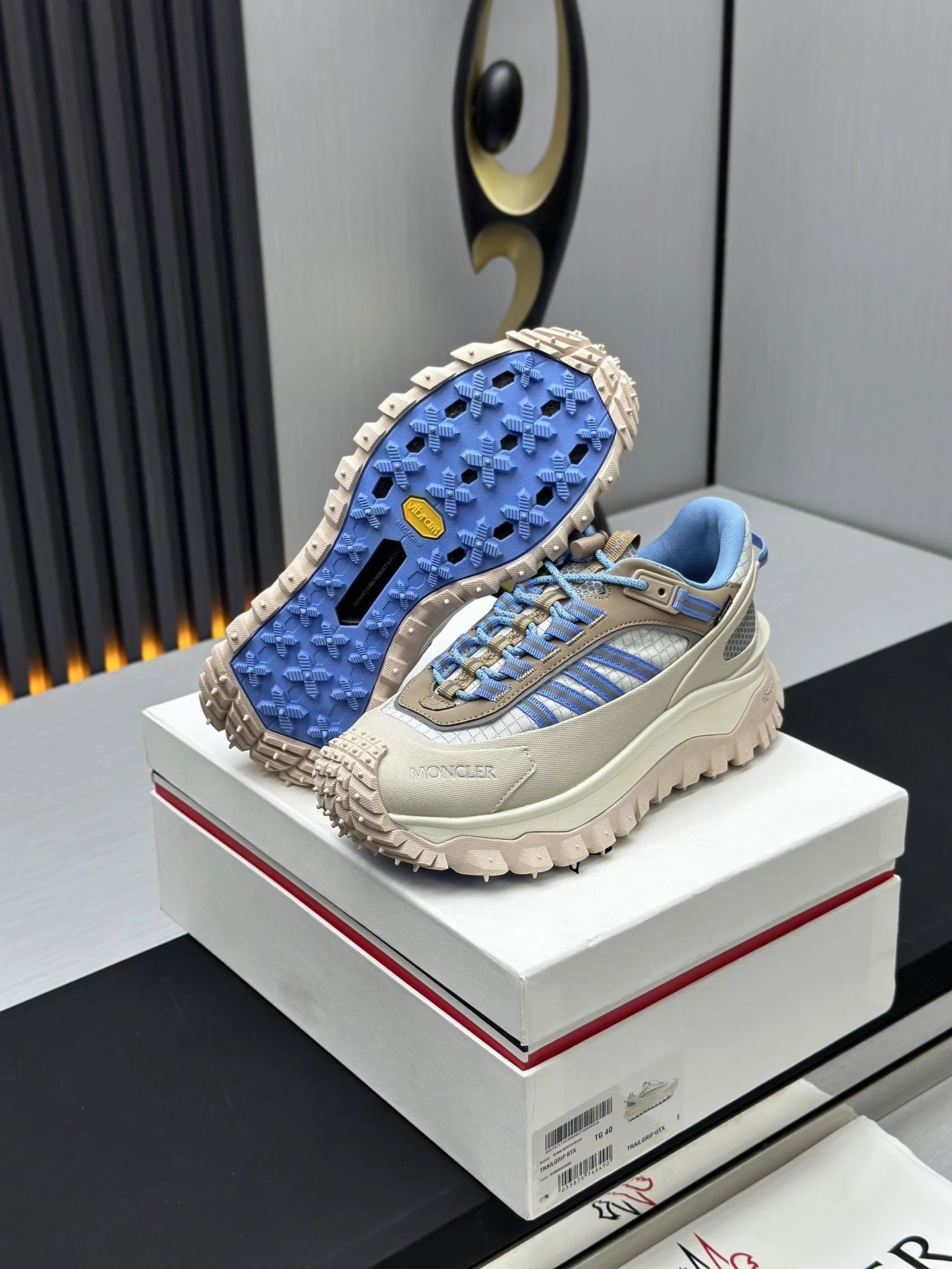 Moncler Trailgrip GTX Beige Sneakers Blue Stripes - Gallery Image 6 - Detailed View