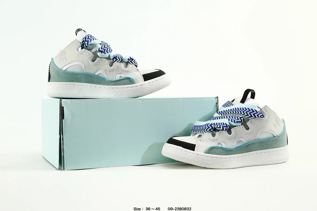 Lanvin Curb Leather Sneakers White Blue - Gallery Image 9 - Detailed View