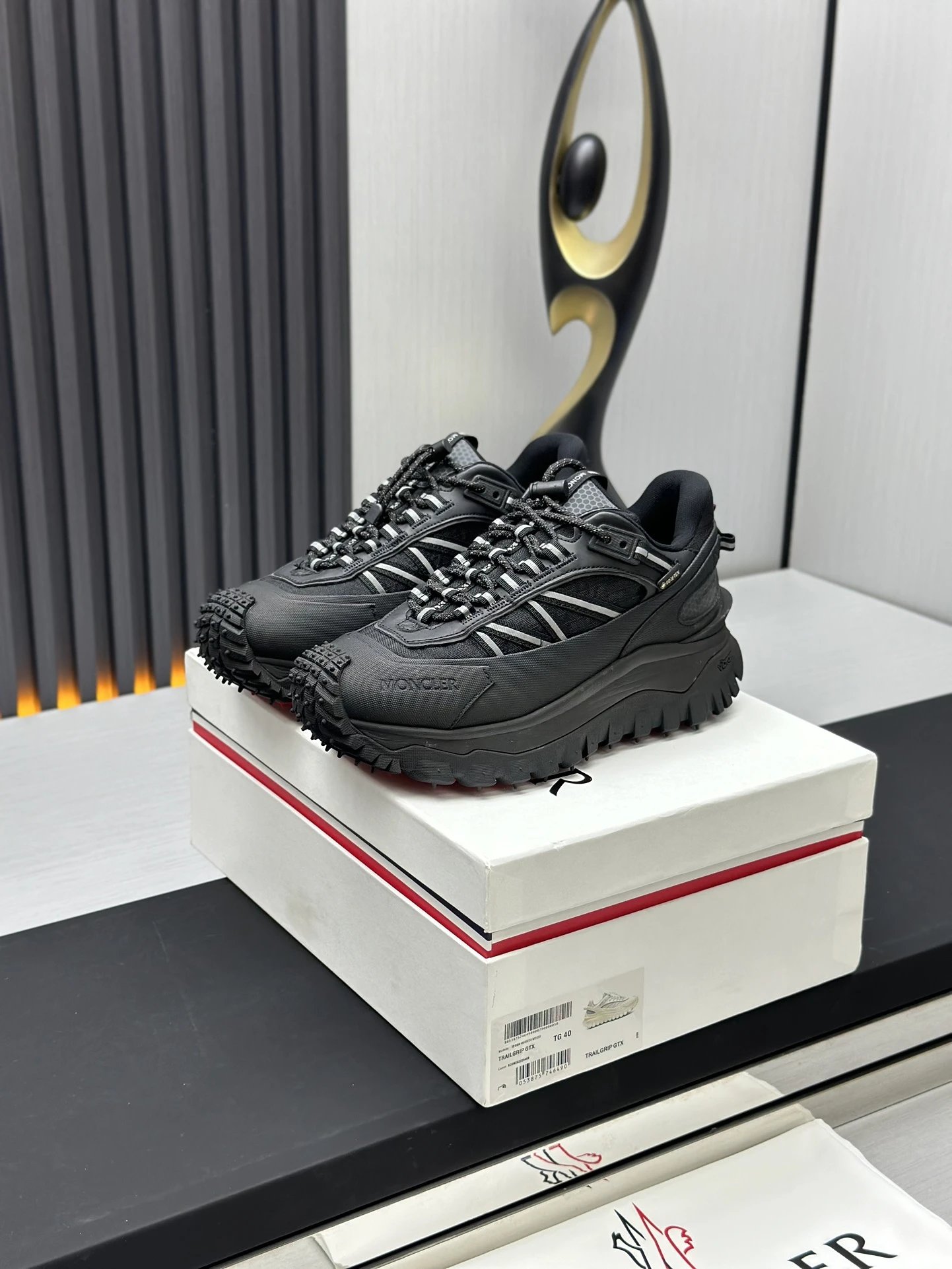 Moncler Trailgrip GTX Black Sneakers White Stripes - Gallery Image 2 - Detailed View