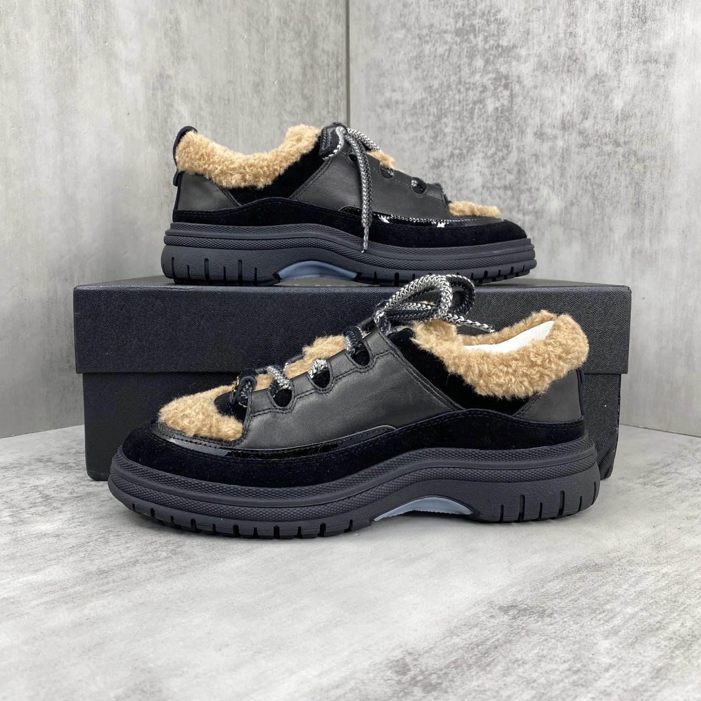 Winter Leather Sneaker with Shearling Trim Black Tan - Gallery Image 9 - Detailed View